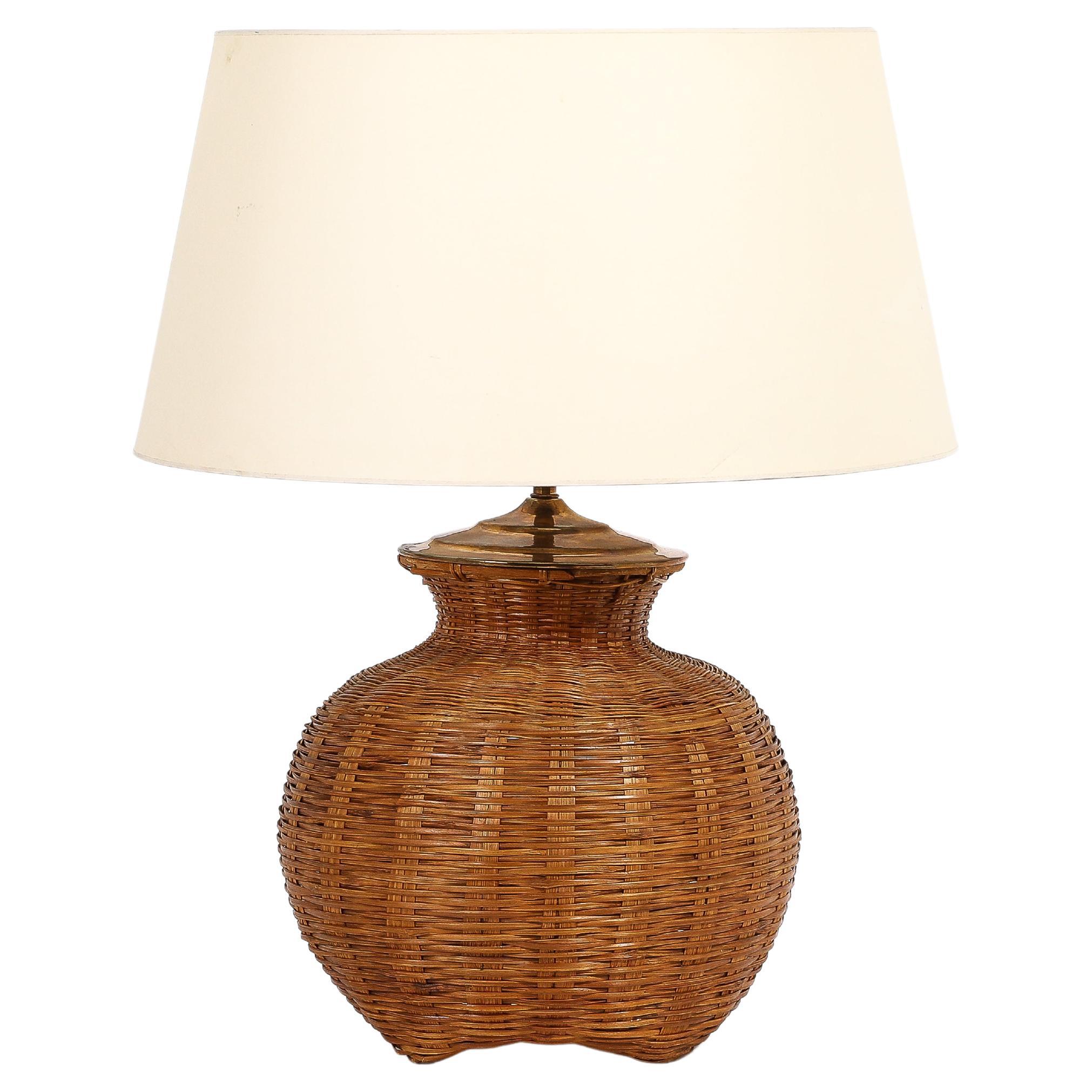 Hand Woven Caned Rattan Table Lamp, France 1970’s For Sale