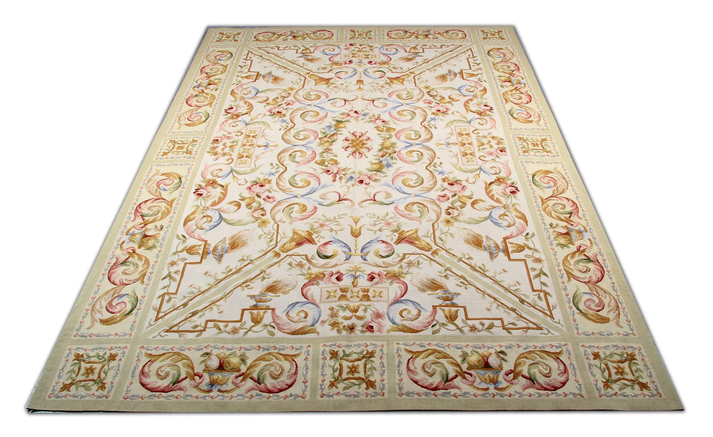 This beige cream rug perfect for use as a living room rug. This style gets most of the attention in the rug store by clients because of their vibrant colors and design. These handmade elegant Chinese Aubusson floor rugs has the soft shade of colors.