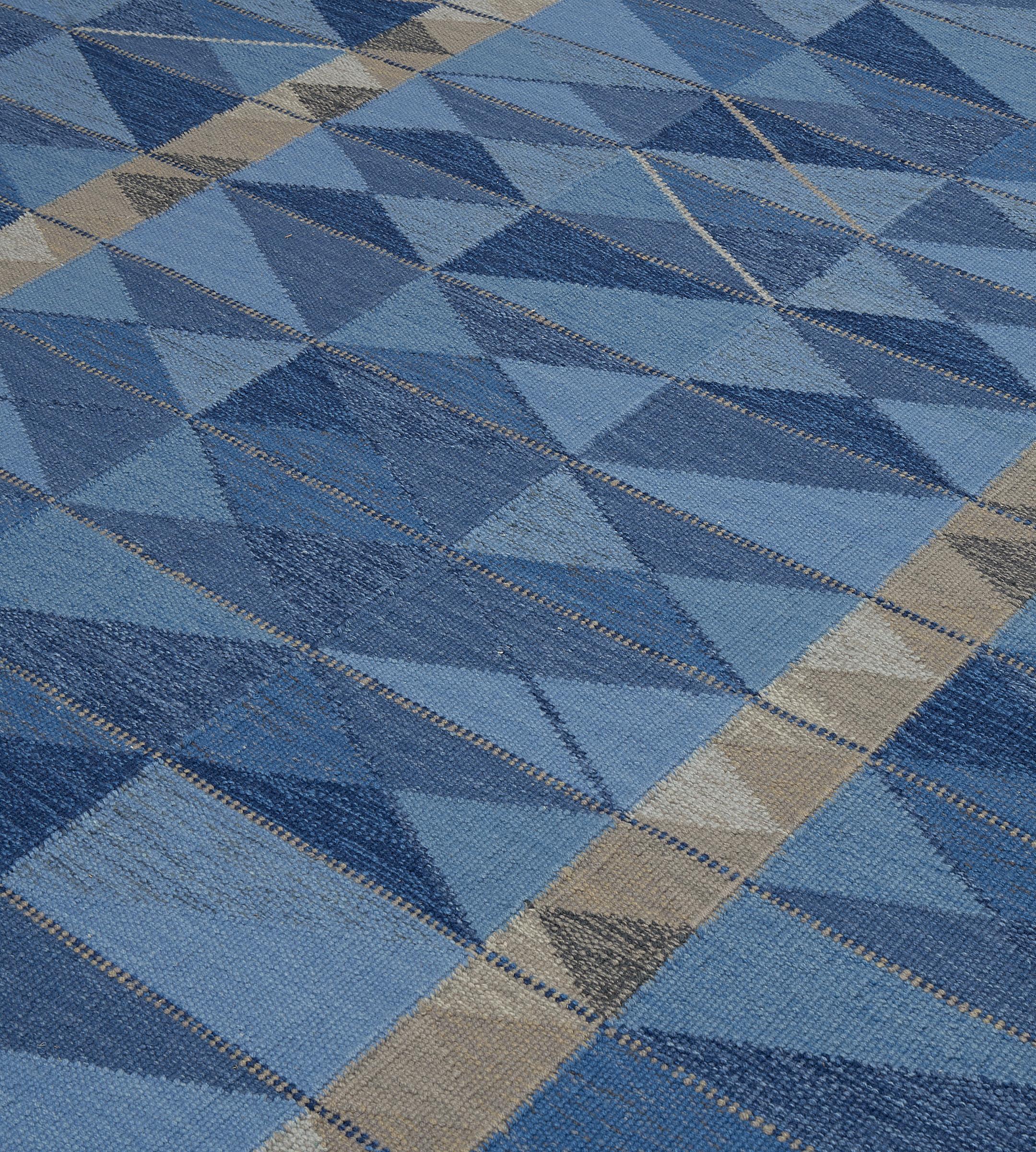 Annodato a mano Tappeto grafico contemporaneo tessuto a mano in 100% lana blu  10'2x13'8 in vendita