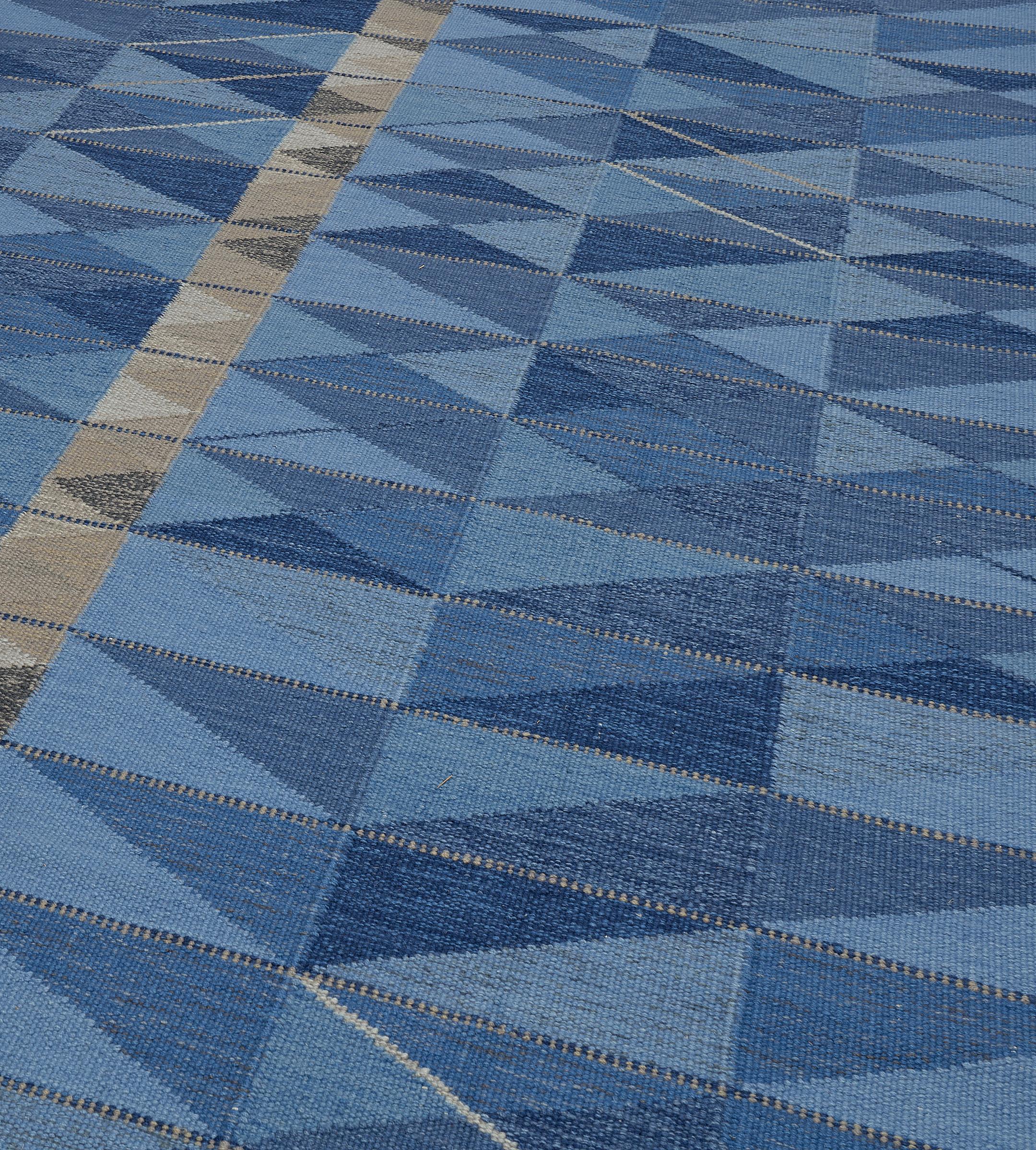 Tappeto grafico contemporaneo tessuto a mano in 100% lana blu  10'2x13'8 in vendita 1