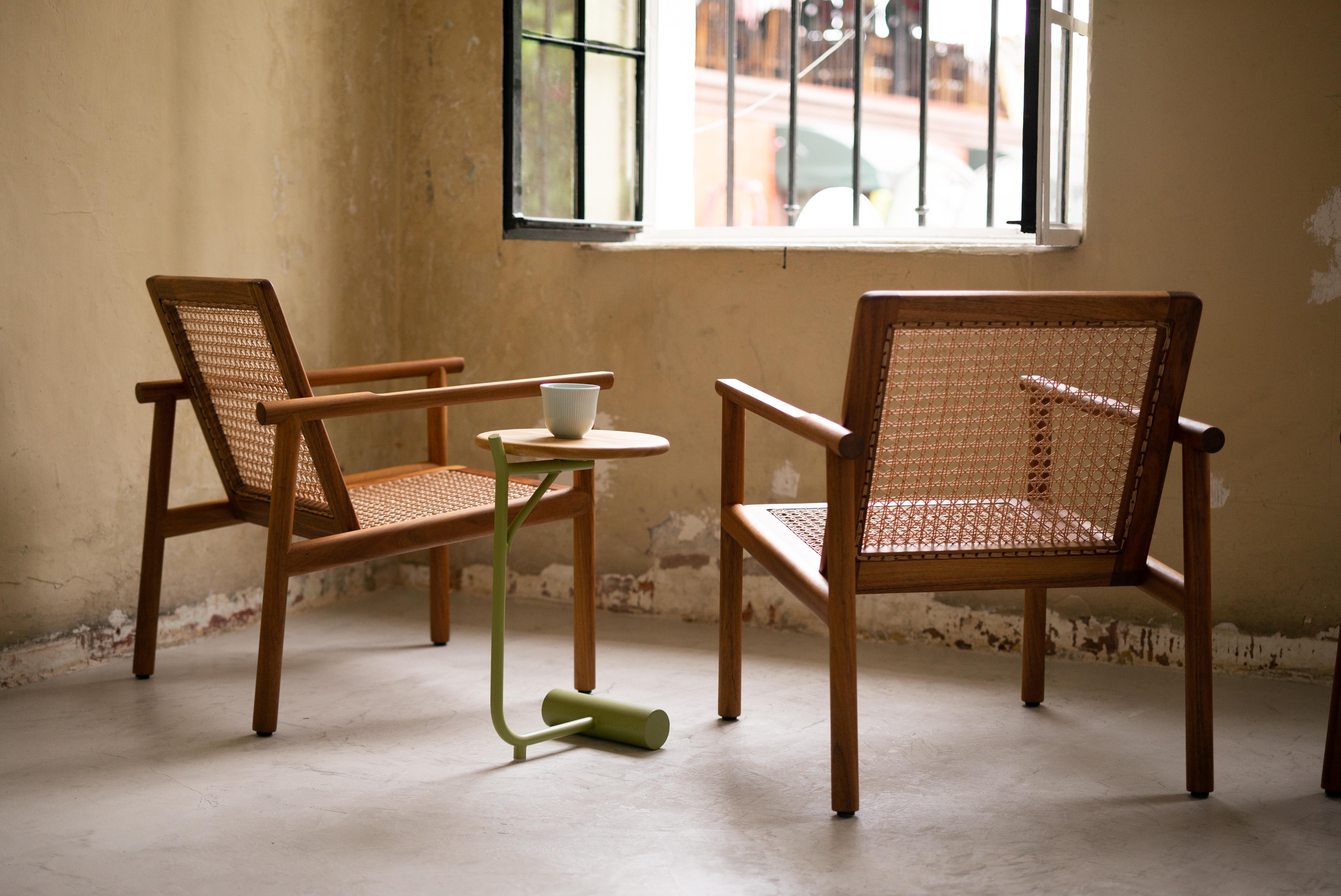 Cotton Wooden Armchair with Handmade Weaving, Mexican Contemporary Design, In Stock For Sale