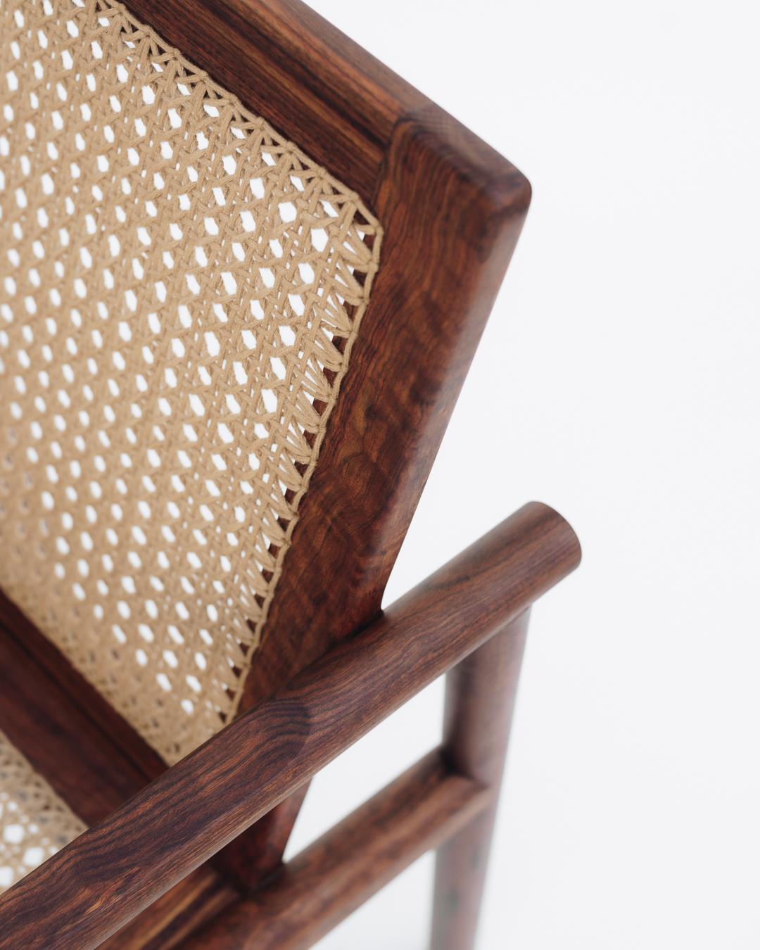 Contemporary Wooden Chair in Tropical Mexican Wood with Beige Handmade Woven Detailing For Sale