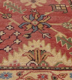 Hand-Woven Coral-Red Antique Wool Leafy Oushak Runner
