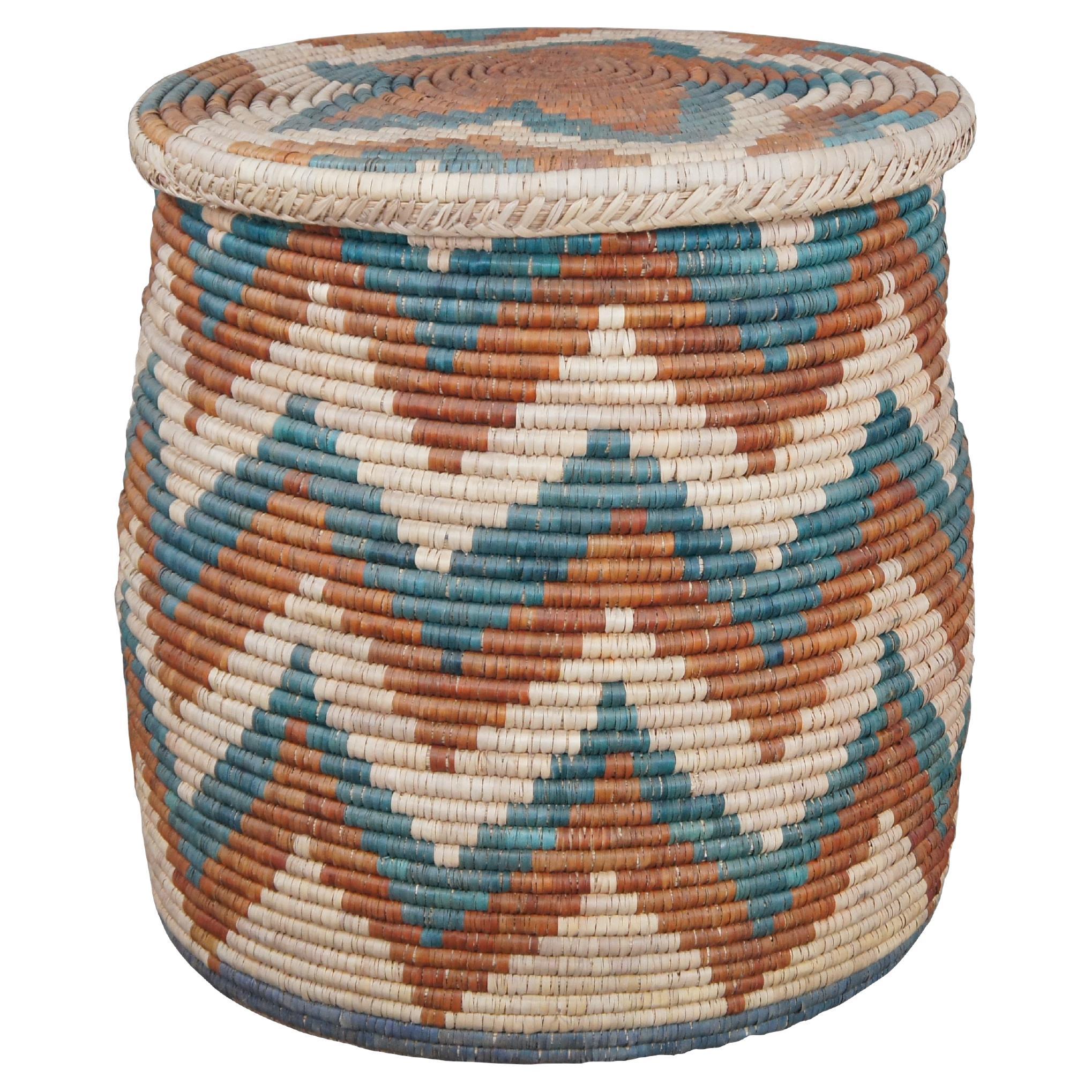 Hand Woven Decorative Southwestern Wicker Storage Basket Hamper Side Table 24" For Sale