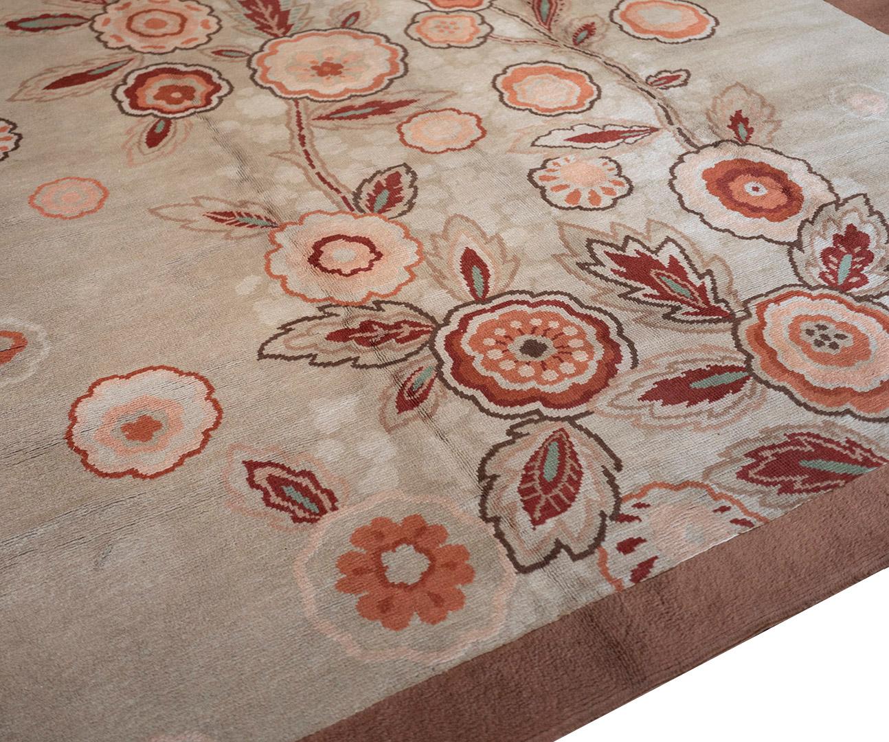 French Wool Hand-woven Whimsical Pink European Floral Rug For Sale
