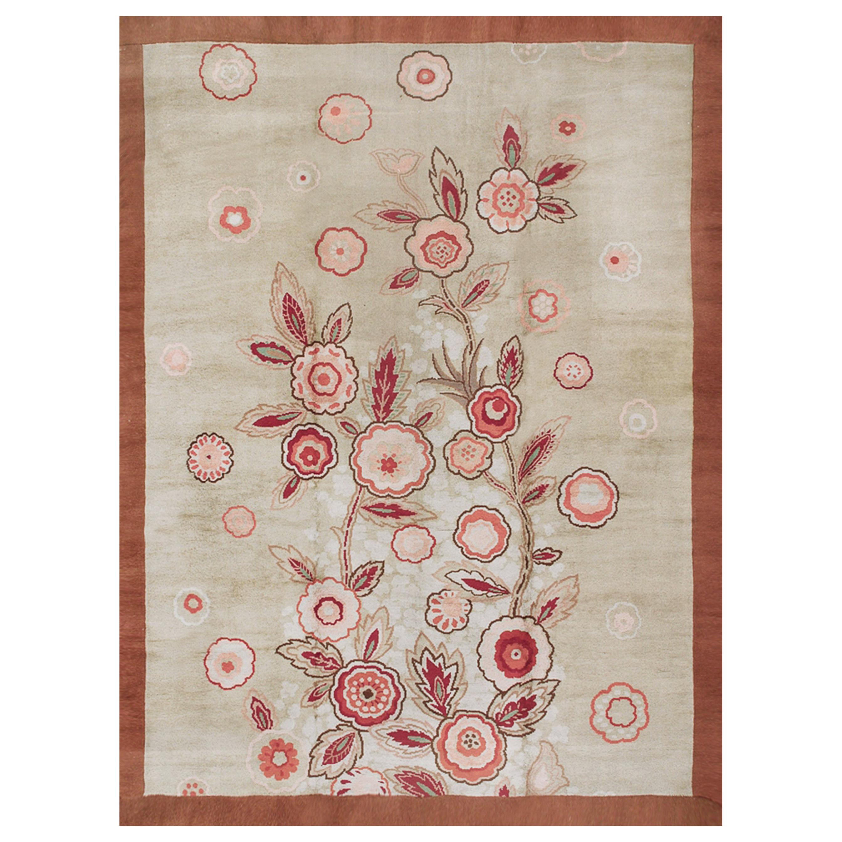 Wool Hand-woven Whimsical Pink European Floral Rug For Sale