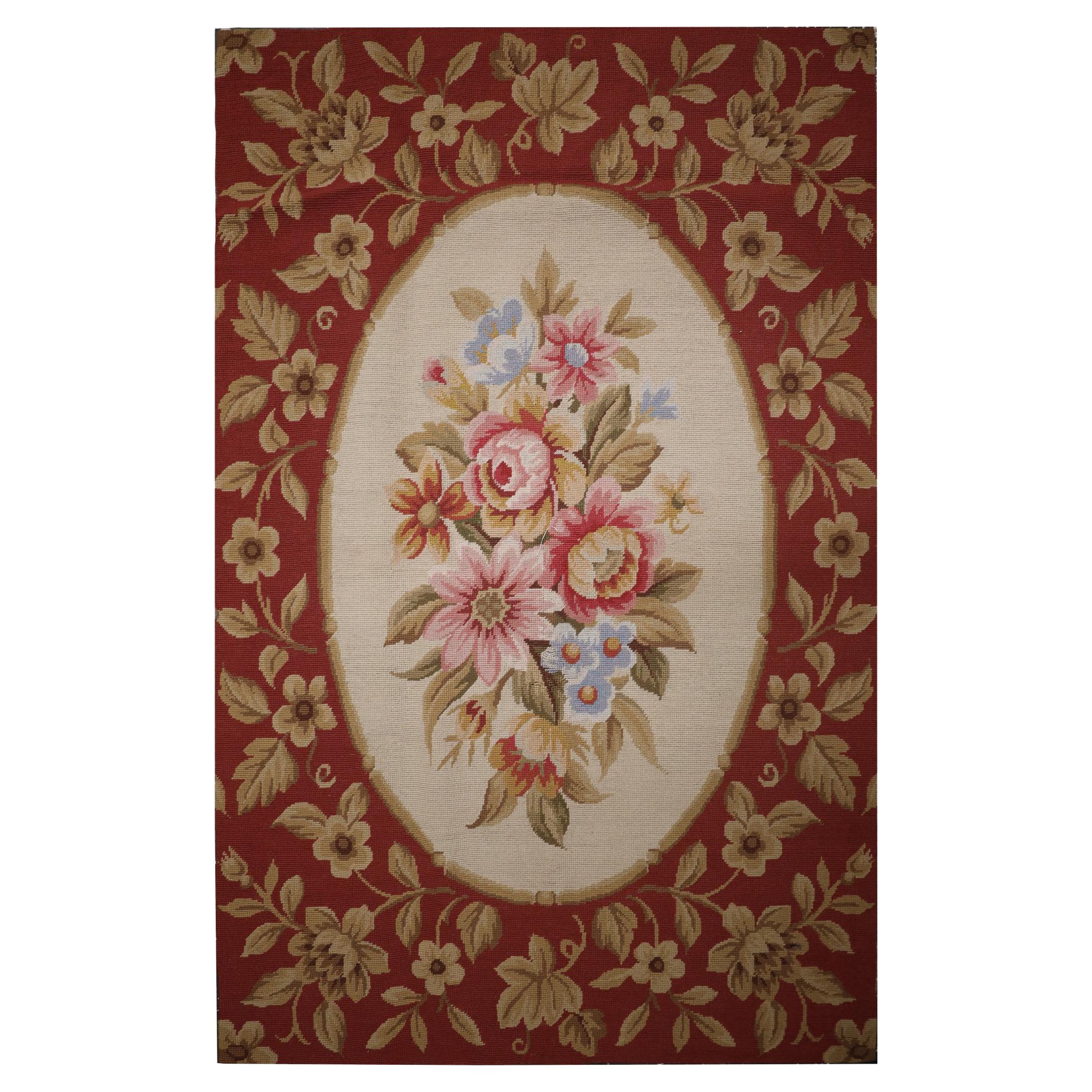 French Style Carpet Floral Red Needlepoint Rug Aubusson Area Rug