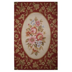 French Style Carpet Floral Red Needlepoint Rug Aubusson Area Rug