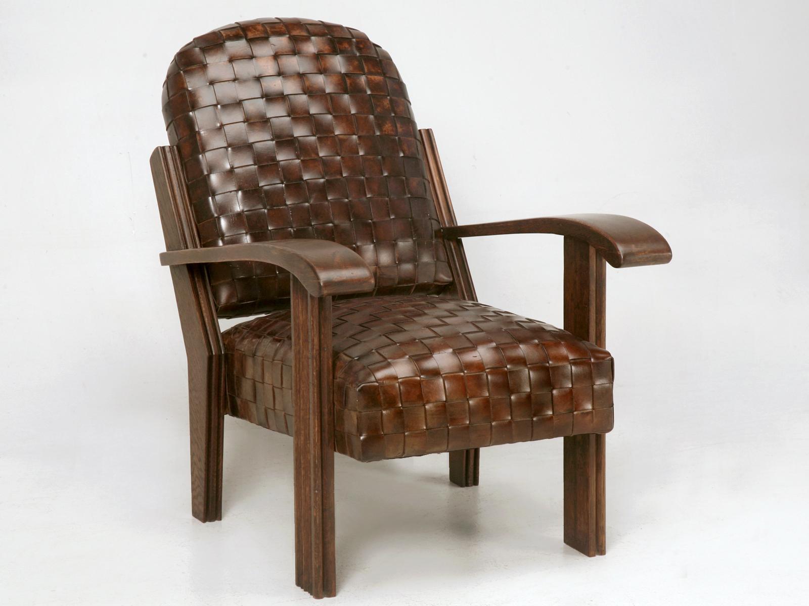 Handwoven Leather French Style Club Chair with Matching Ottoman, Optional colors For Sale 1