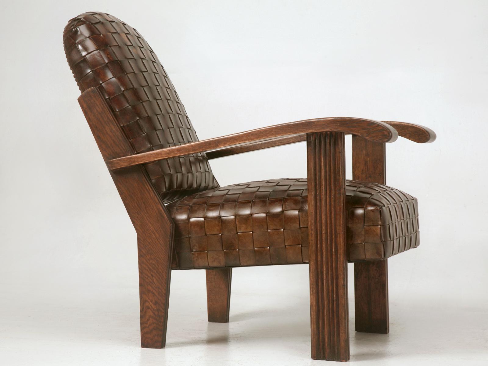 Handwoven Leather French Style Club Chair with Matching Ottoman, Optional colors For Sale 2