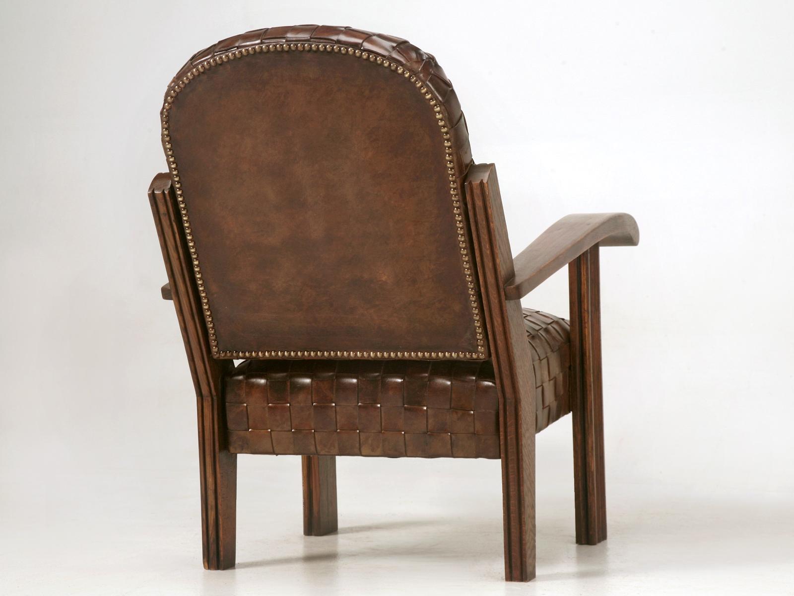 Handwoven Leather French Style Club Chair with Matching Ottoman, Optional colors For Sale 3