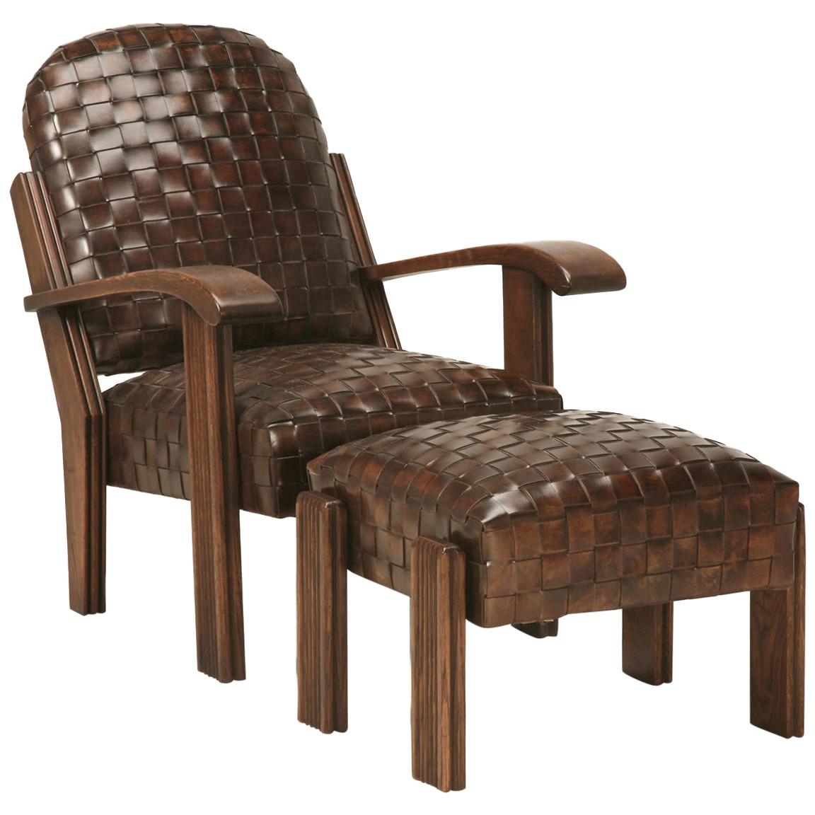 Handwoven Leather French Style Club Chair with Matching Ottoman, Optional colors For Sale