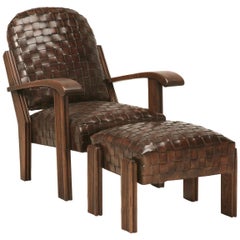 Handwoven French Inspired Leather Club Chair with Matching Ottoman