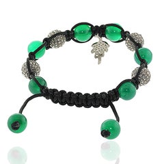 Hand-Woven Green Onyx Macramé Adjustable Bracelet with Pave Diamond Beads