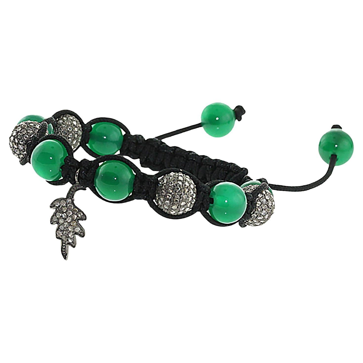 Hand-Woven Green Onyx Macramé Adjustable Bracelet with Pave Diamond Beads For Sale