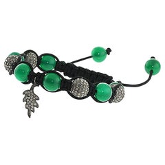 Hand-Woven Green Onyx Macramé Adjustable Bracelet with Pave Diamond Beads