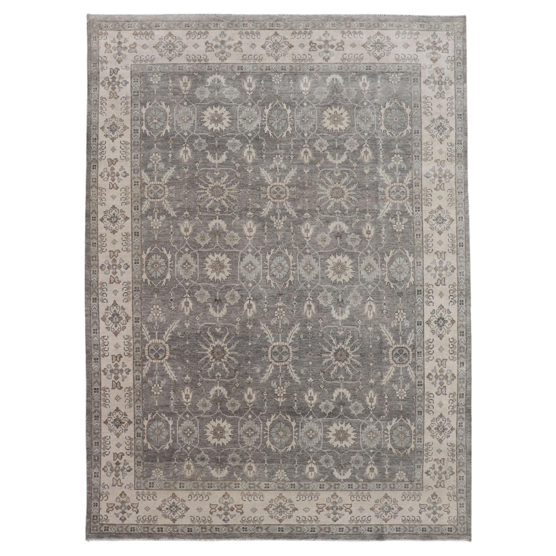 Tappeto indiano Oushak tessuto a mano nei toni del kaki, del grigio e del taupe 8'1 x 12'2 in vendita