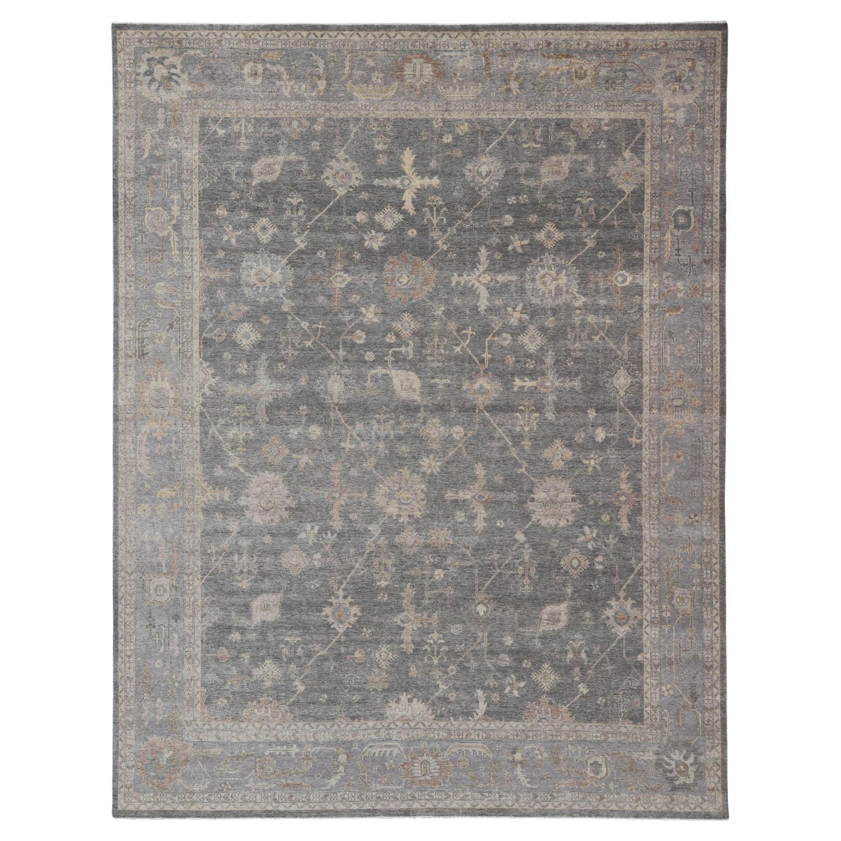 Tapis indien en laine Oushak tissé à la main avec des bleus et des gris délavés 11'10 x 15'2 en vente