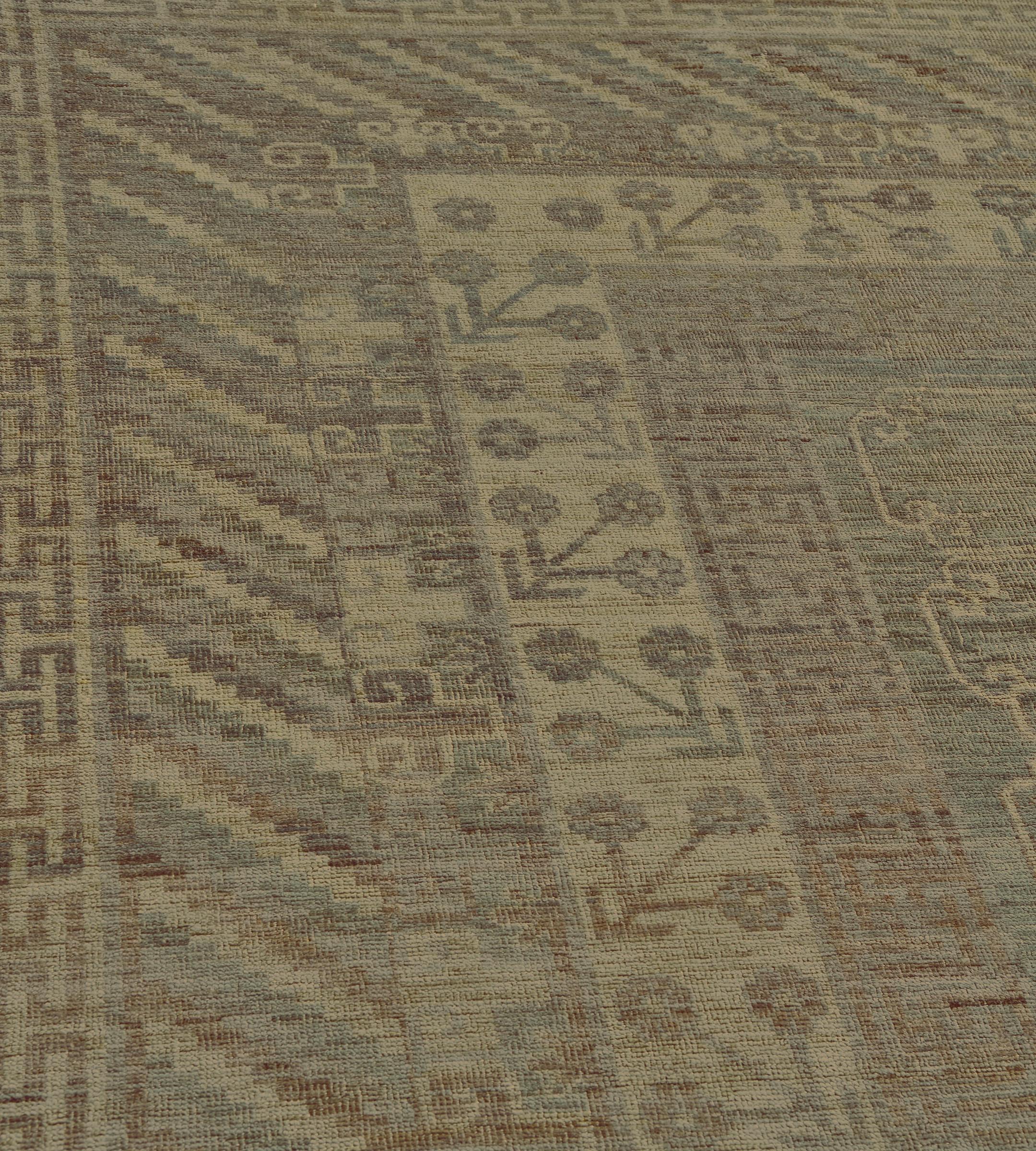 Hand-woven Khotan Inspired Wool Rug In Distressed Condition For Sale In West Hollywood, CA