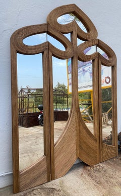 Hand Woven Lace Wicker Folding Screen with Mirrors