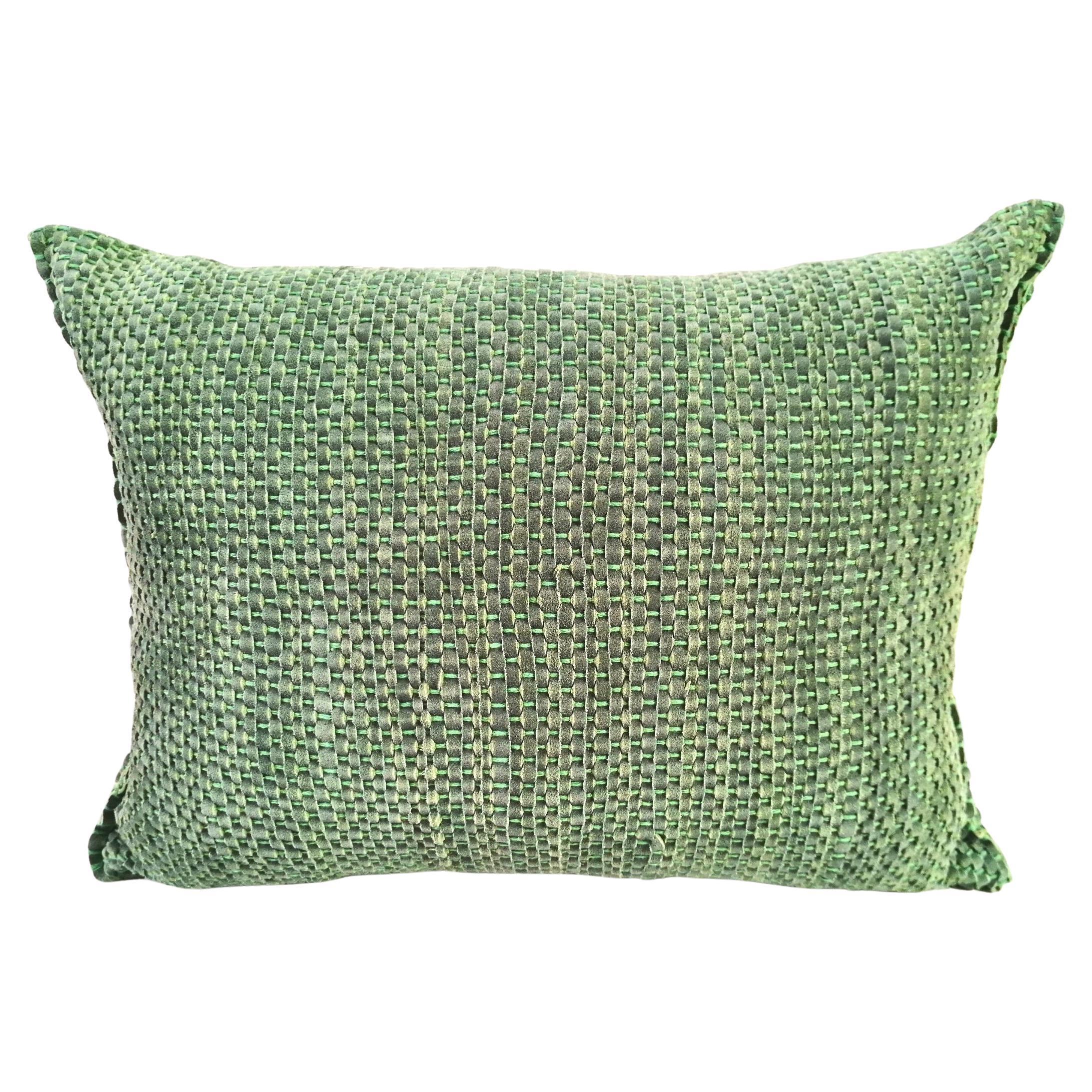 Hand Woven  Leather Cushion Color Bright Green Oblong Shape