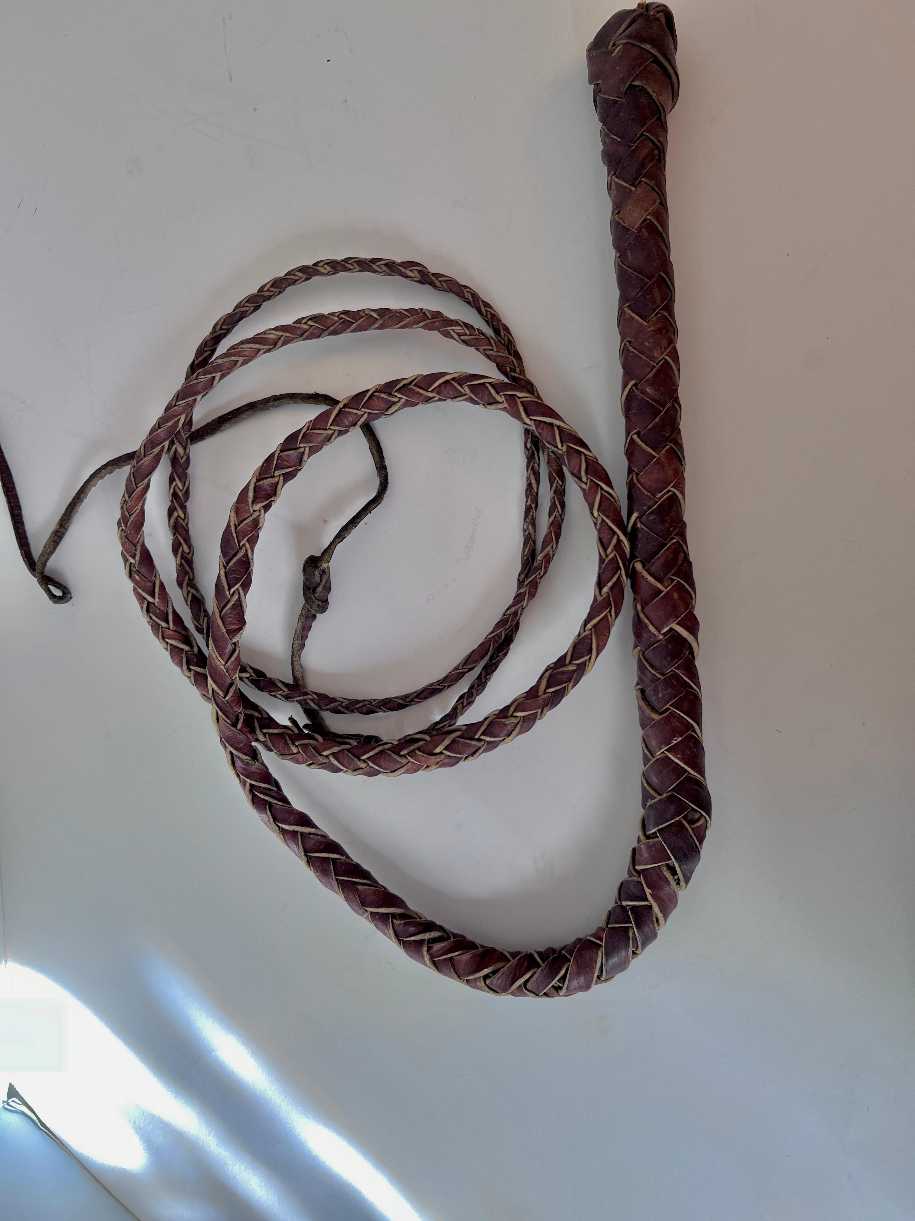 A leather had made whip.  The piece is a great decor piece in a Ralph Lauren style space or to tell a decor story with saddles, blankets and western gear.  

The piece could also be used practically in any setting from play to wrangling.