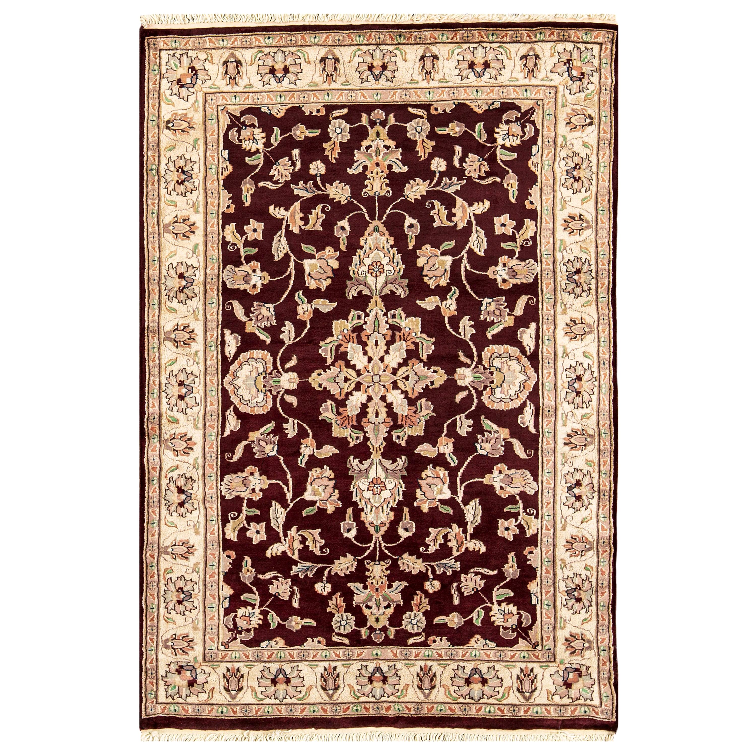 Handgewebter Luxus  Kashan Wein-/ Elfenbeinfarbener Teppich 4''x5''11