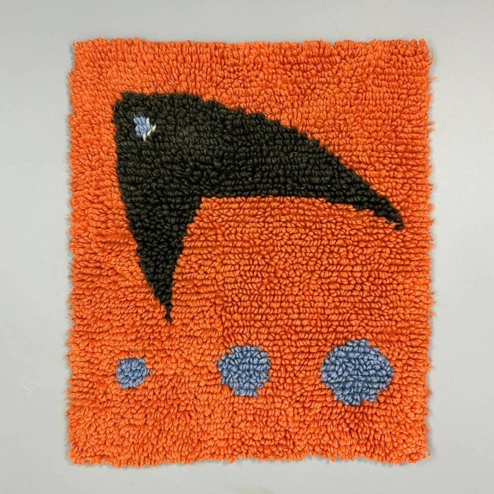 Handmade, hand-waved mid-century style wall carpet in orange-black-blue color combination. We've forgotten about these wonderful pieces for a while, but now we're bringing back the atmosphere of the 70s.

This wall carpet was made around the 1970s