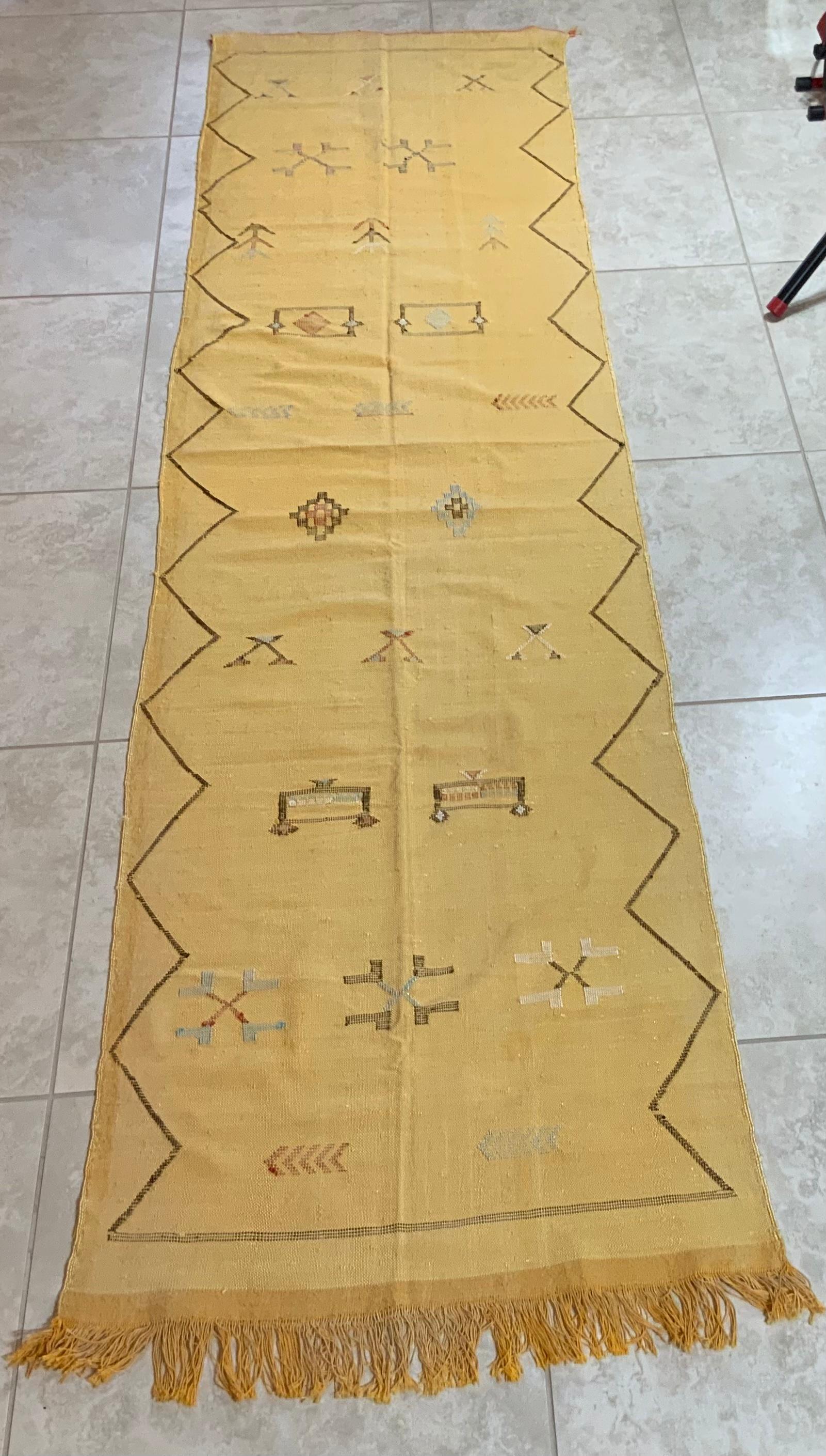 Hand-Woven Hand Woven Moroccan Cactus Style Silk Flat-Weave Kilim Runner For Sale