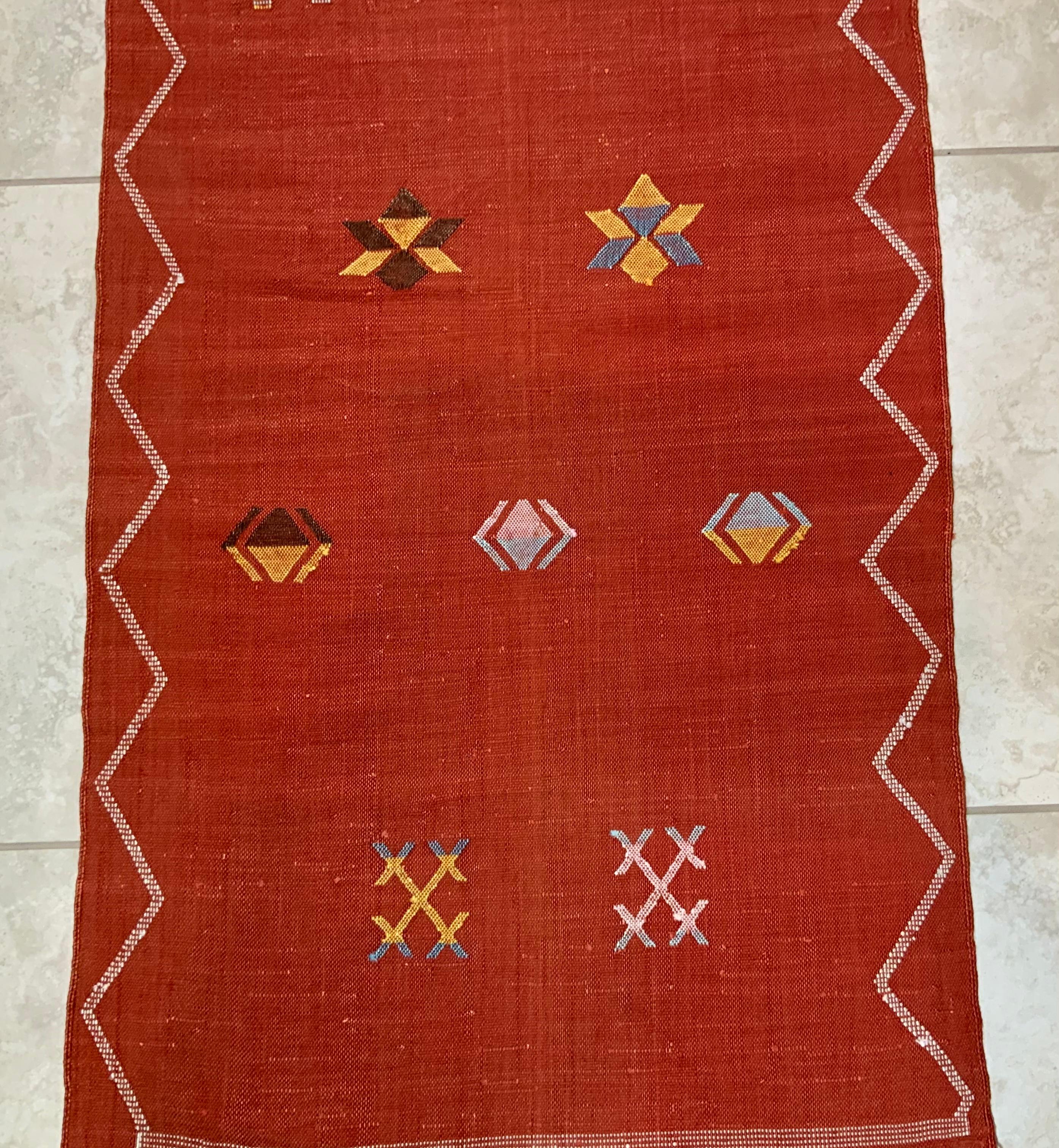 Hand-Woven Hand Woven Moroccan Cactus Style Silk Flat-Weave Kilim Runner For Sale