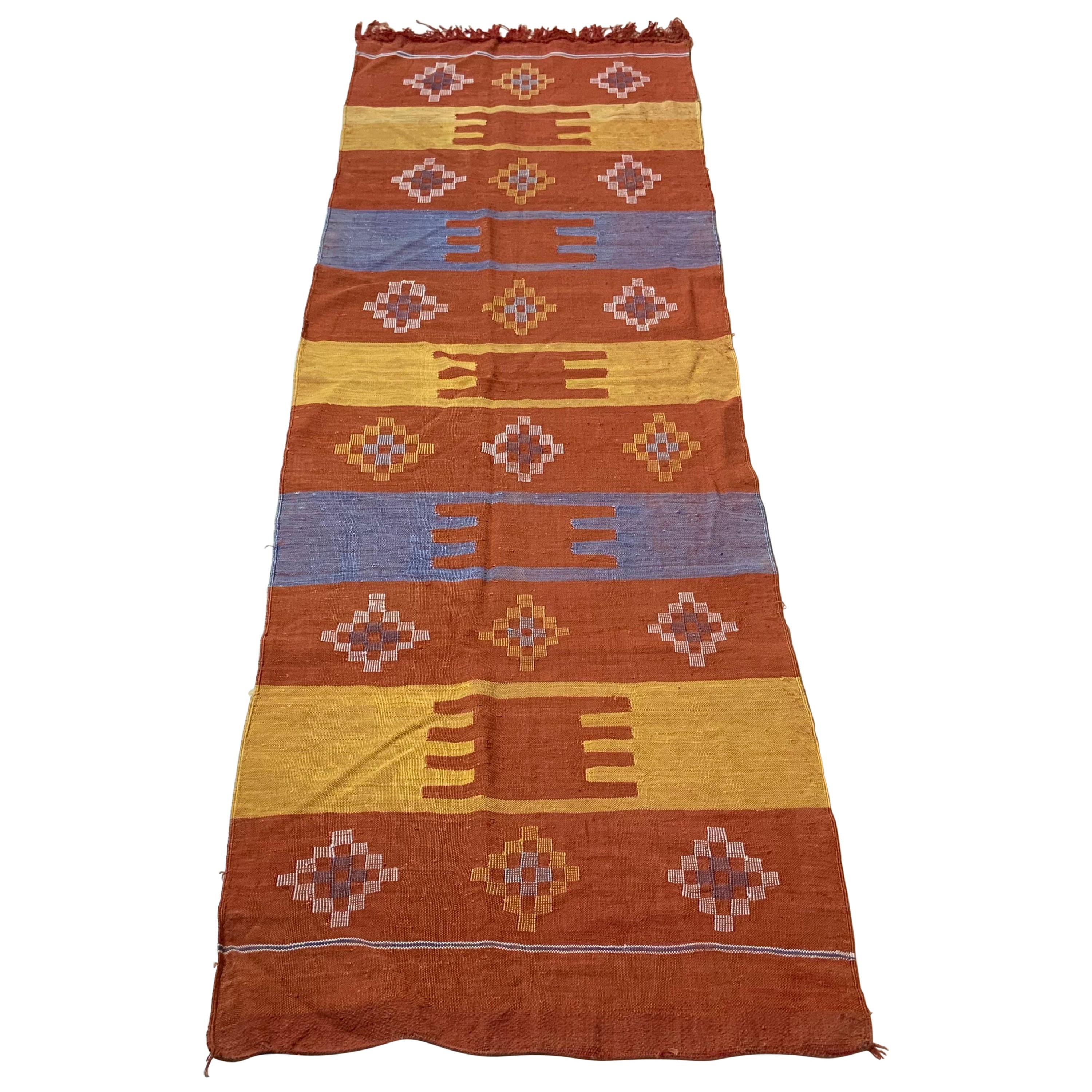 Hand Woven Moroccan Cactus Silk Style Flat-Weave Kilim Runner For Sale