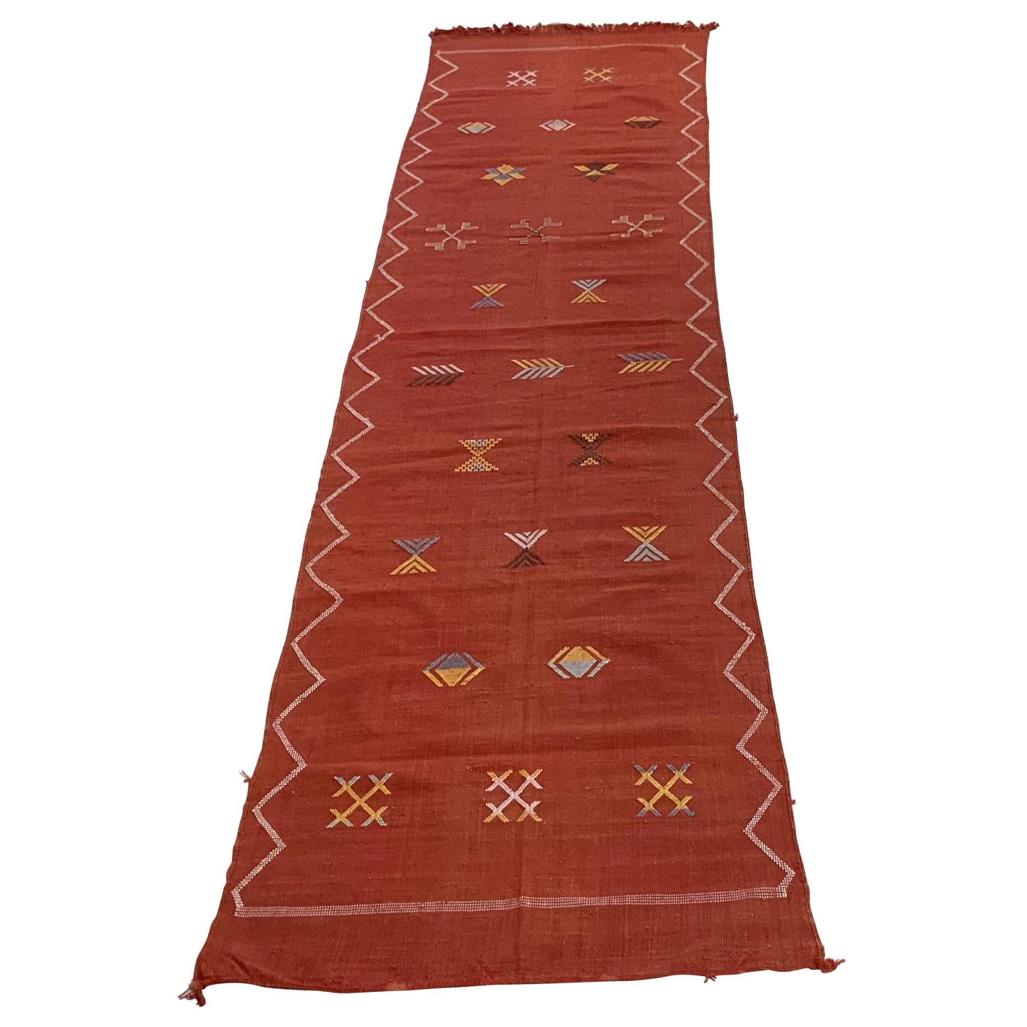 Hand Woven Moroccan Cactus Style Silk Flat-Weave Kilim Runner For Sale