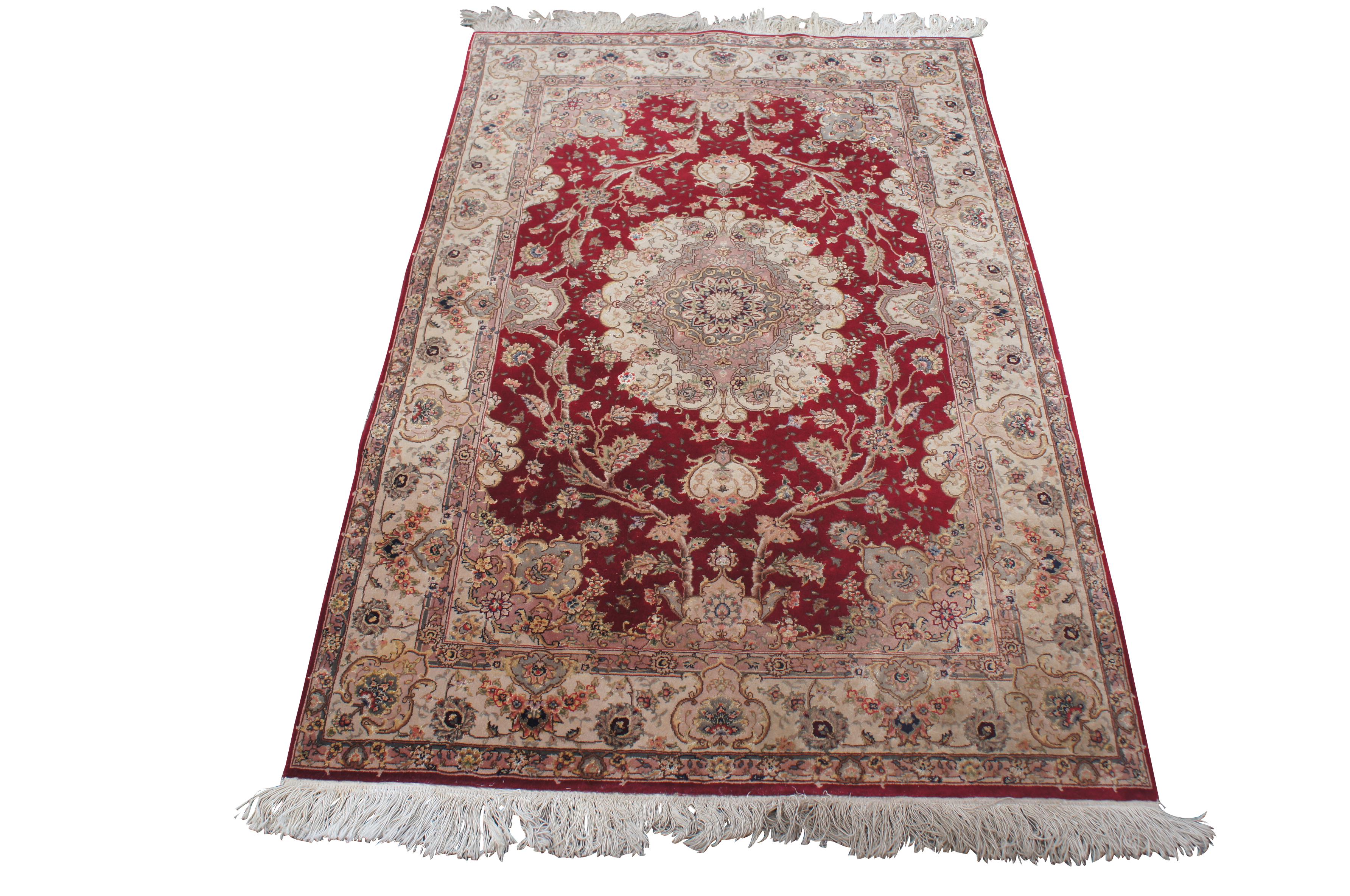 Chinoiserie Hand Woven Sino Tabriz Geometric Medallion Red Wool Silk Area Rug Carpet 4 x 6' For Sale