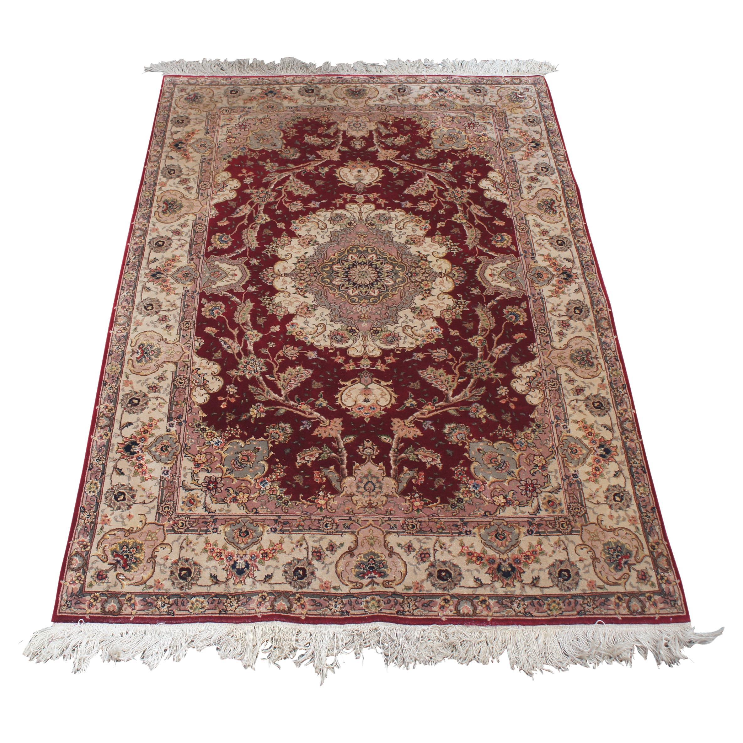 Handgewebter Sino Tabriz Geometrischer Medaillon-Teppich aus roter Wolle und Seide 4 x 6'