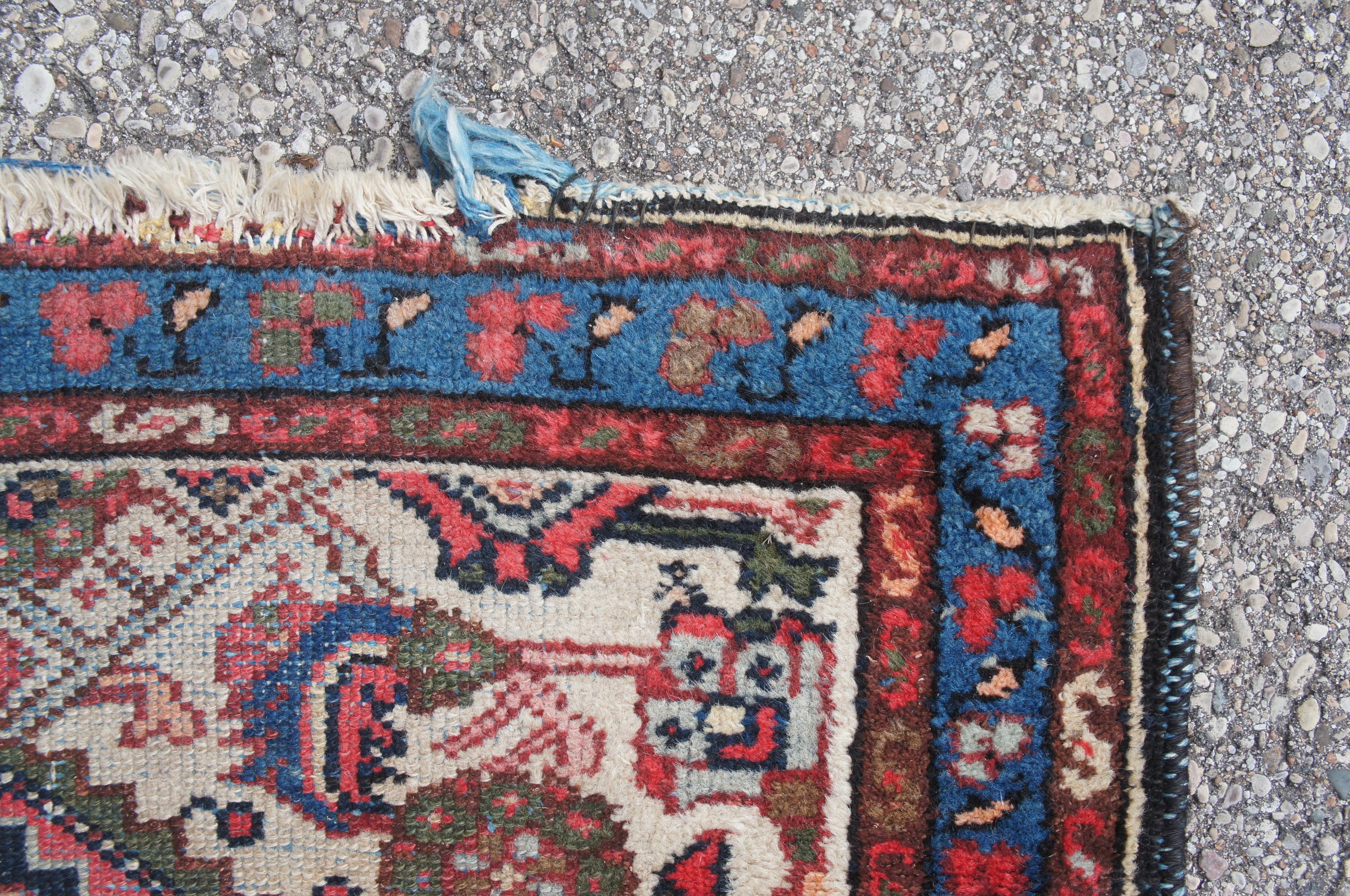 Hand Woven Persian Kurdish Geometric Red & Blue Wool Area Rug Prayer Mat 3 x 4' For Sale 3