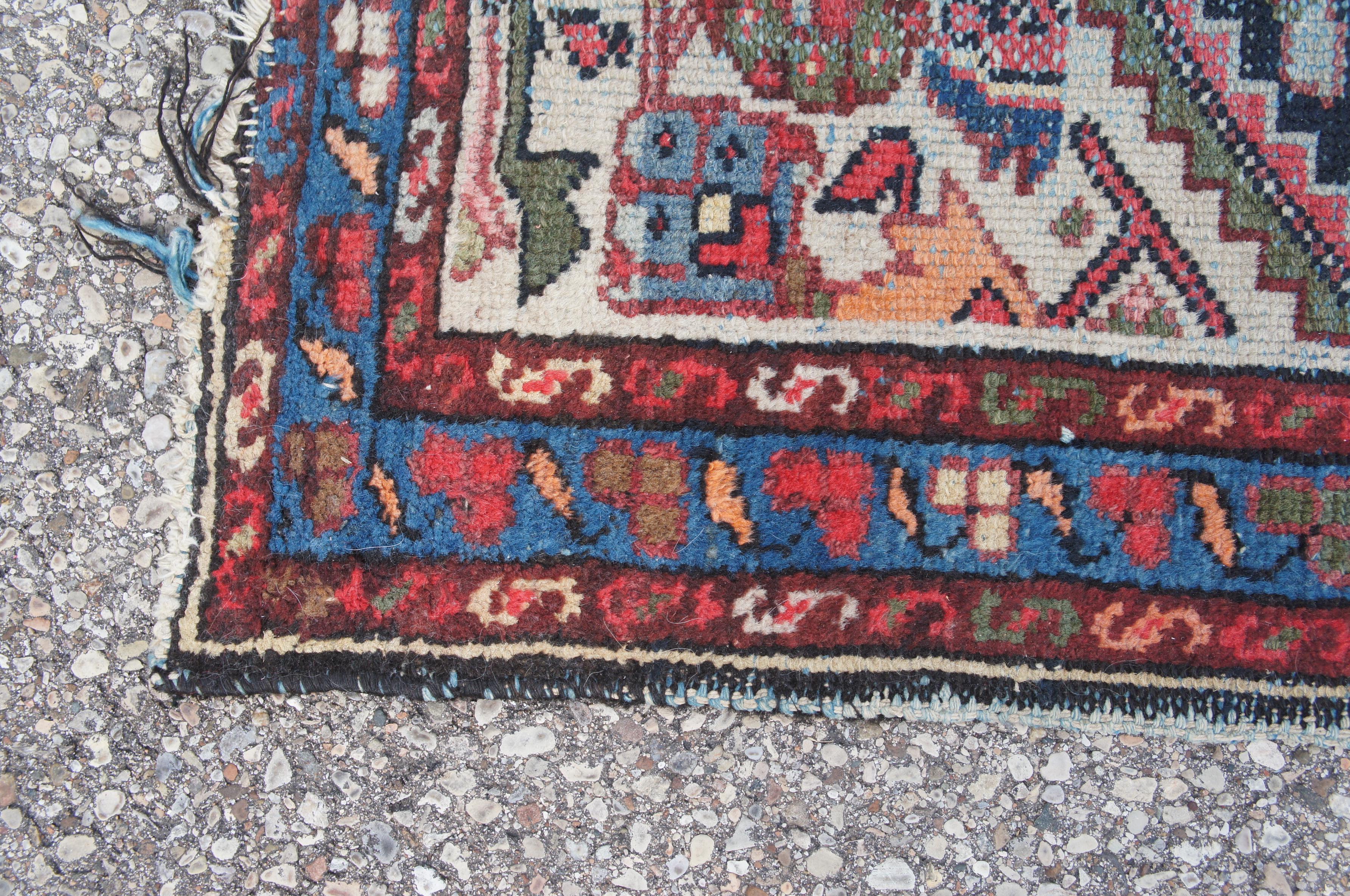 Hand Woven Persian Kurdish Geometric Red & Blue Wool Area Rug Prayer Mat 3 x 4' For Sale 4