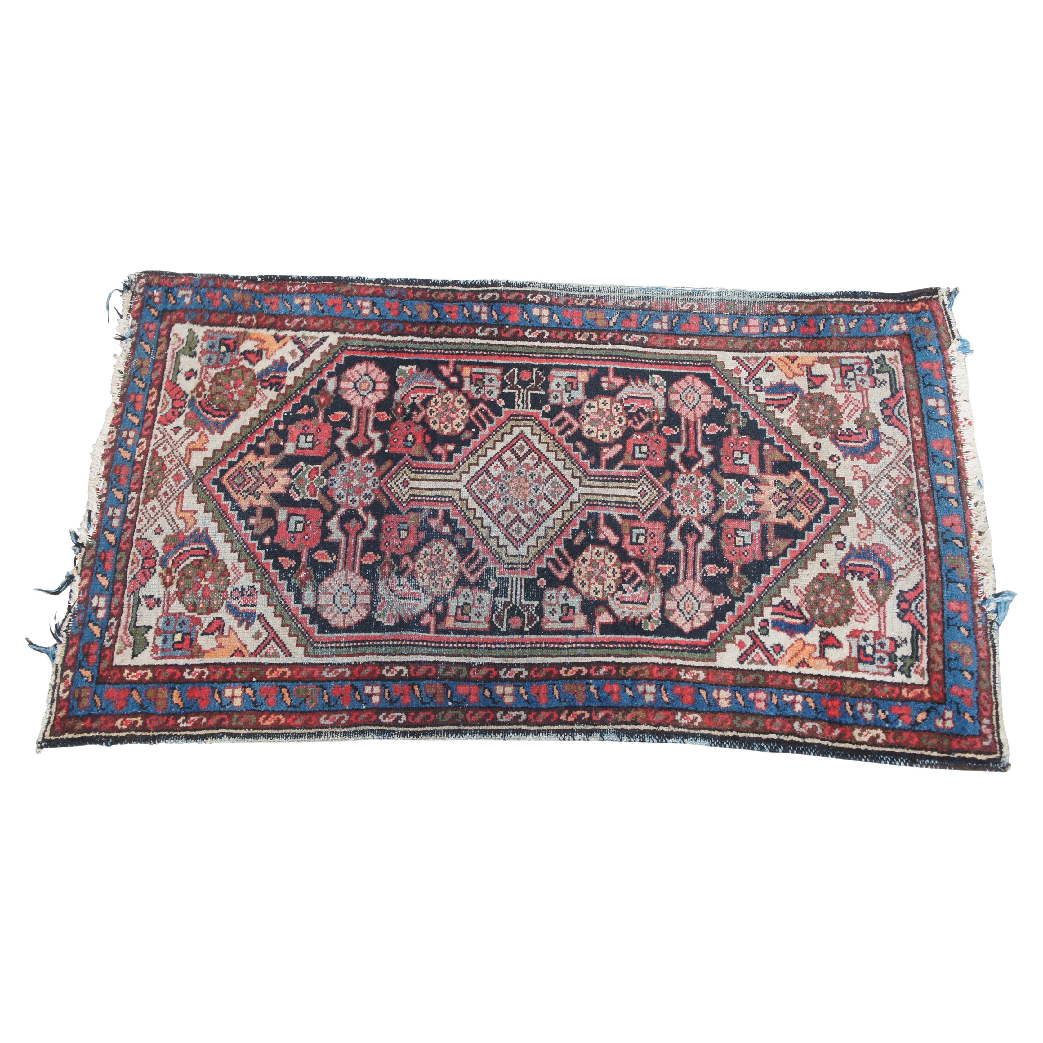 Hand Woven Persian Kurdish Geometric Red & Blue Wool Area Rug Prayer Mat 3 x 4' For Sale