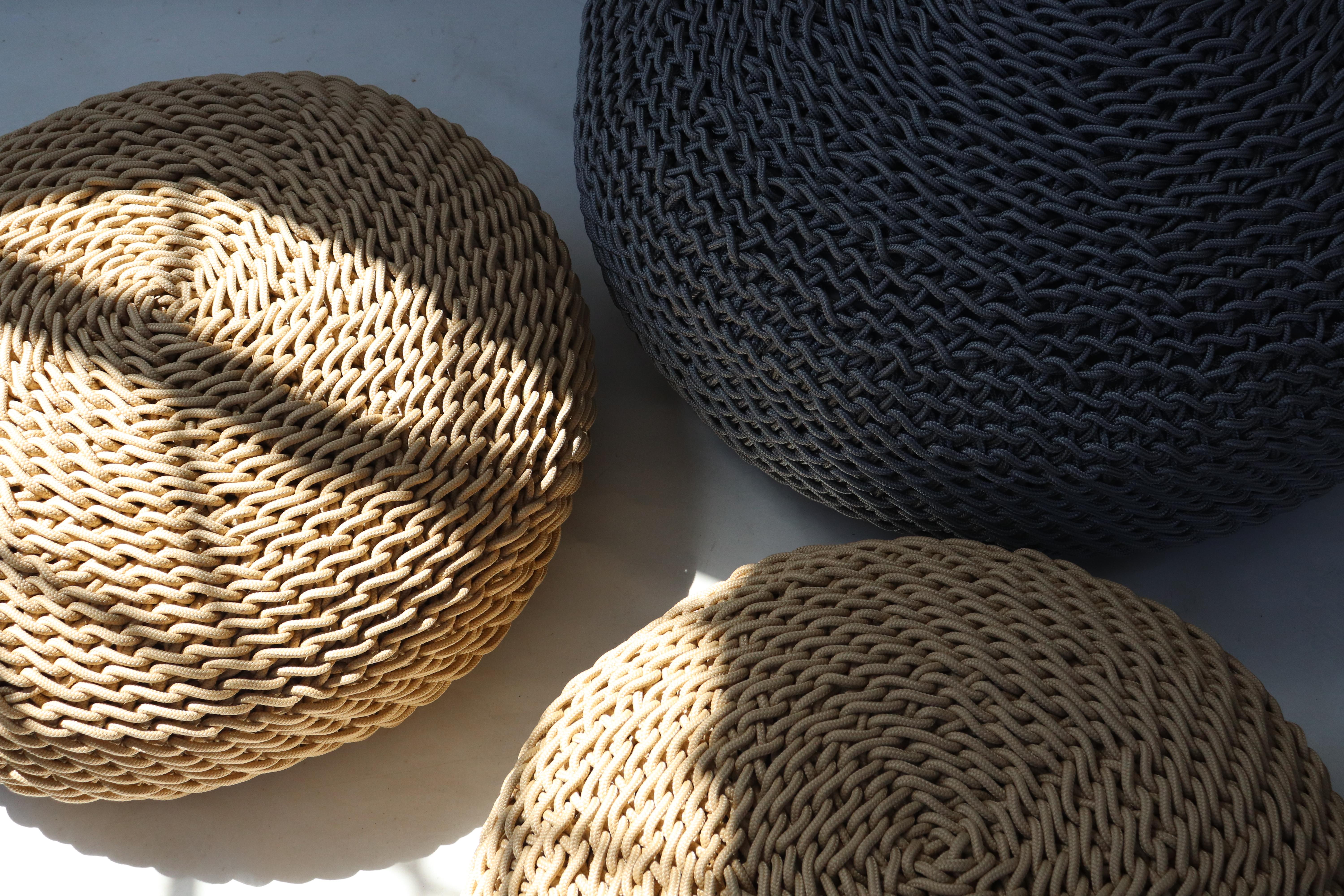 Complementing Studio Lloyd’s light sculptures, the authentic handcrafted ottomans are made out of their signature multifilament rope and offer a timeless aesthetic and feel, which at once brings texture and warmth to your living space. The ottoman