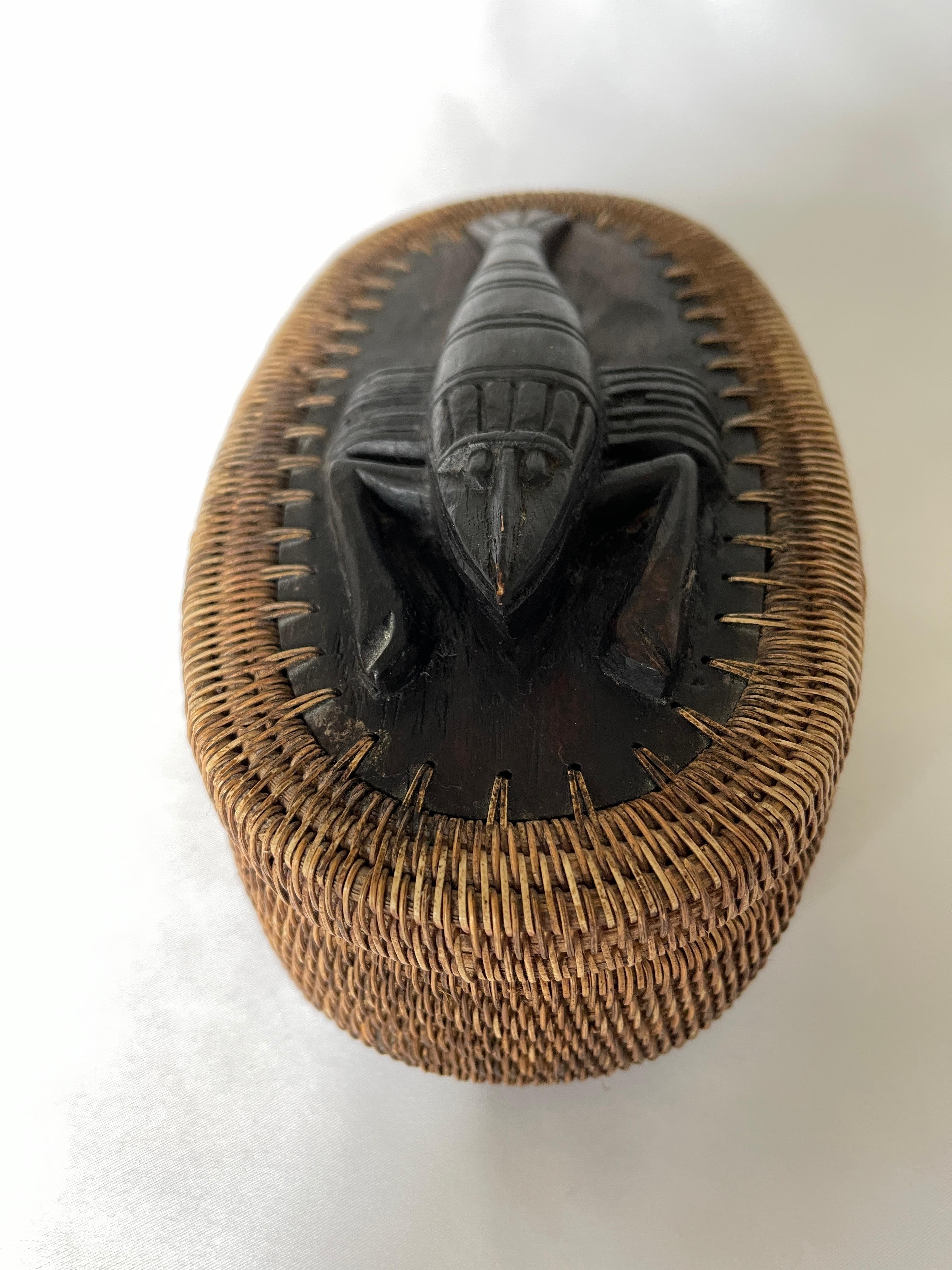 Hand Woven Oval Reed Basket with Carved Wooden Crawfish Lid 4