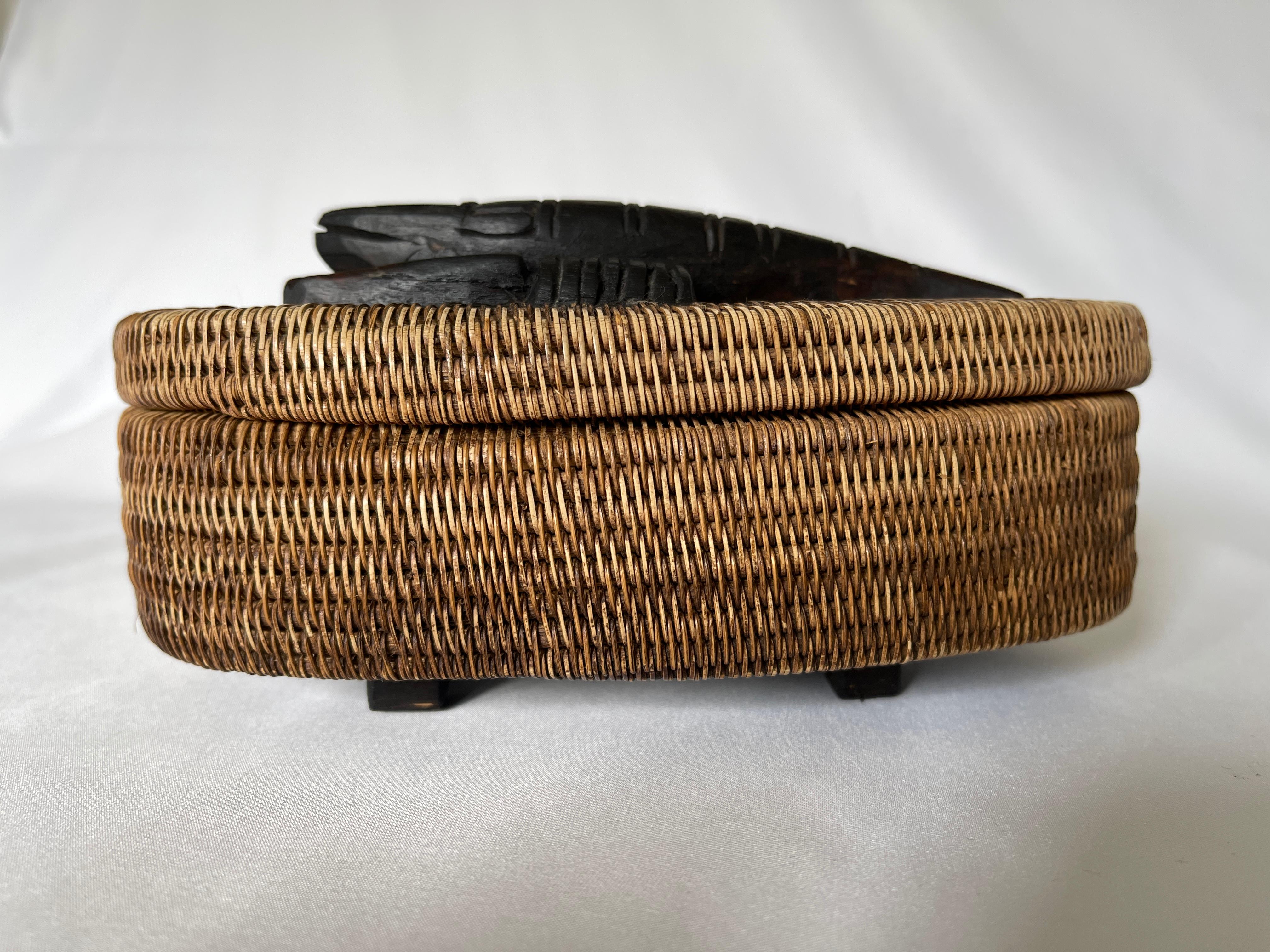 Tribal Hand Woven Oval Reed Basket with Carved Wooden Crawfish Lid