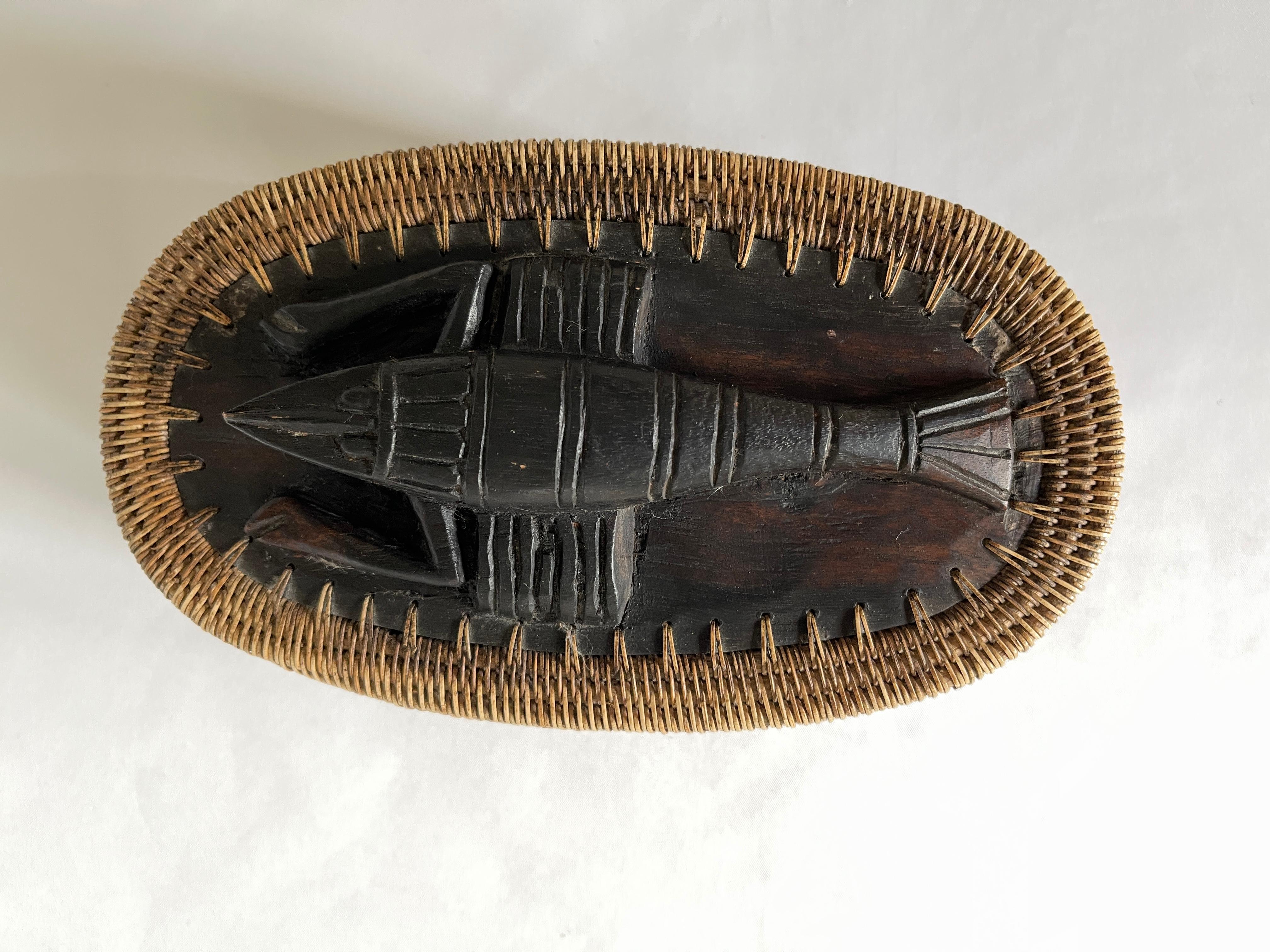 Hand-Woven Hand Woven Oval Reed Basket with Carved Wooden Crawfish Lid