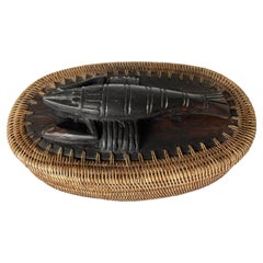 Antique Hand Woven Oval Reed Basket with Carved Wooden Crawfish Lid