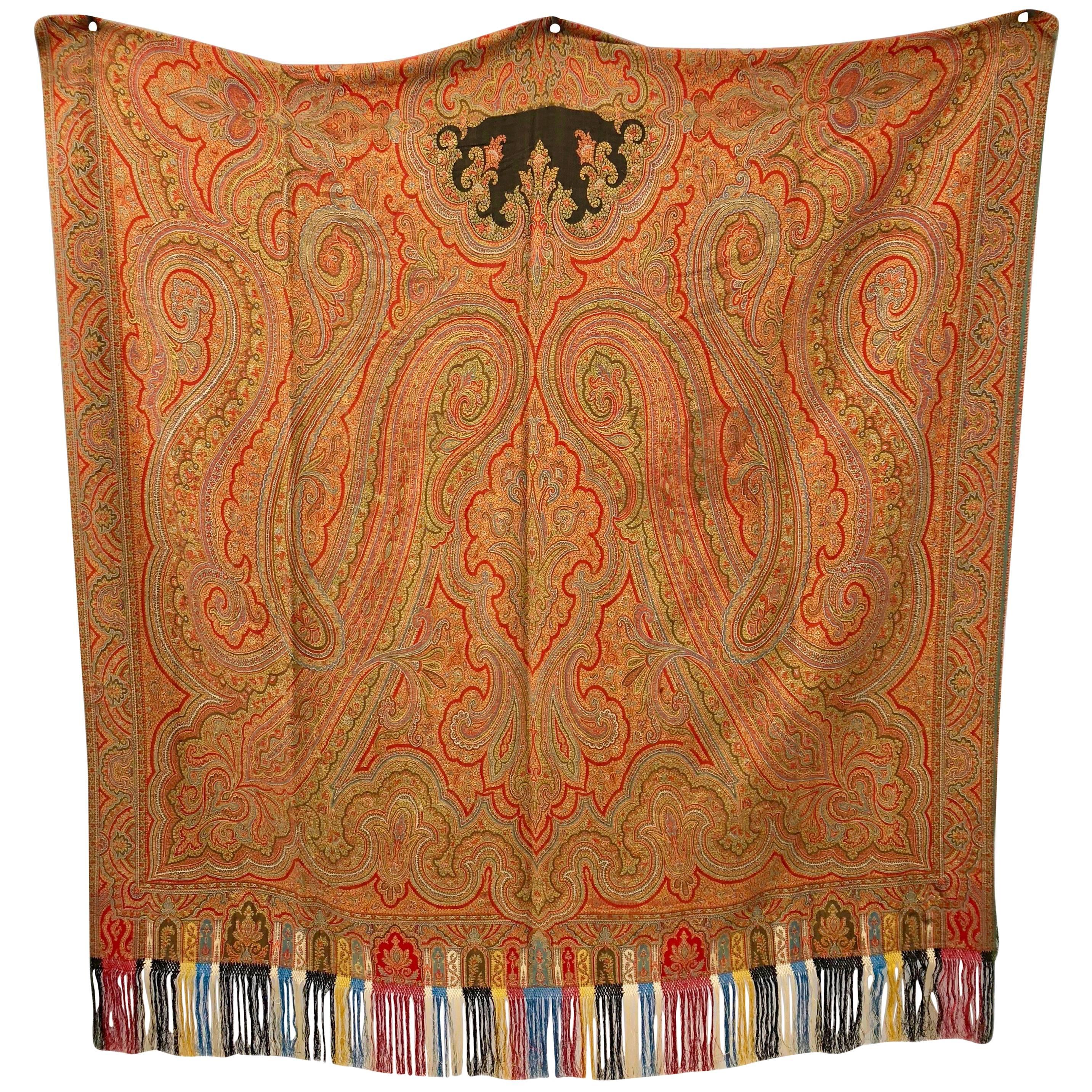 Hand Woven Paisley Kashmir Shawl with Long Fringe, Napoleon III For Sale