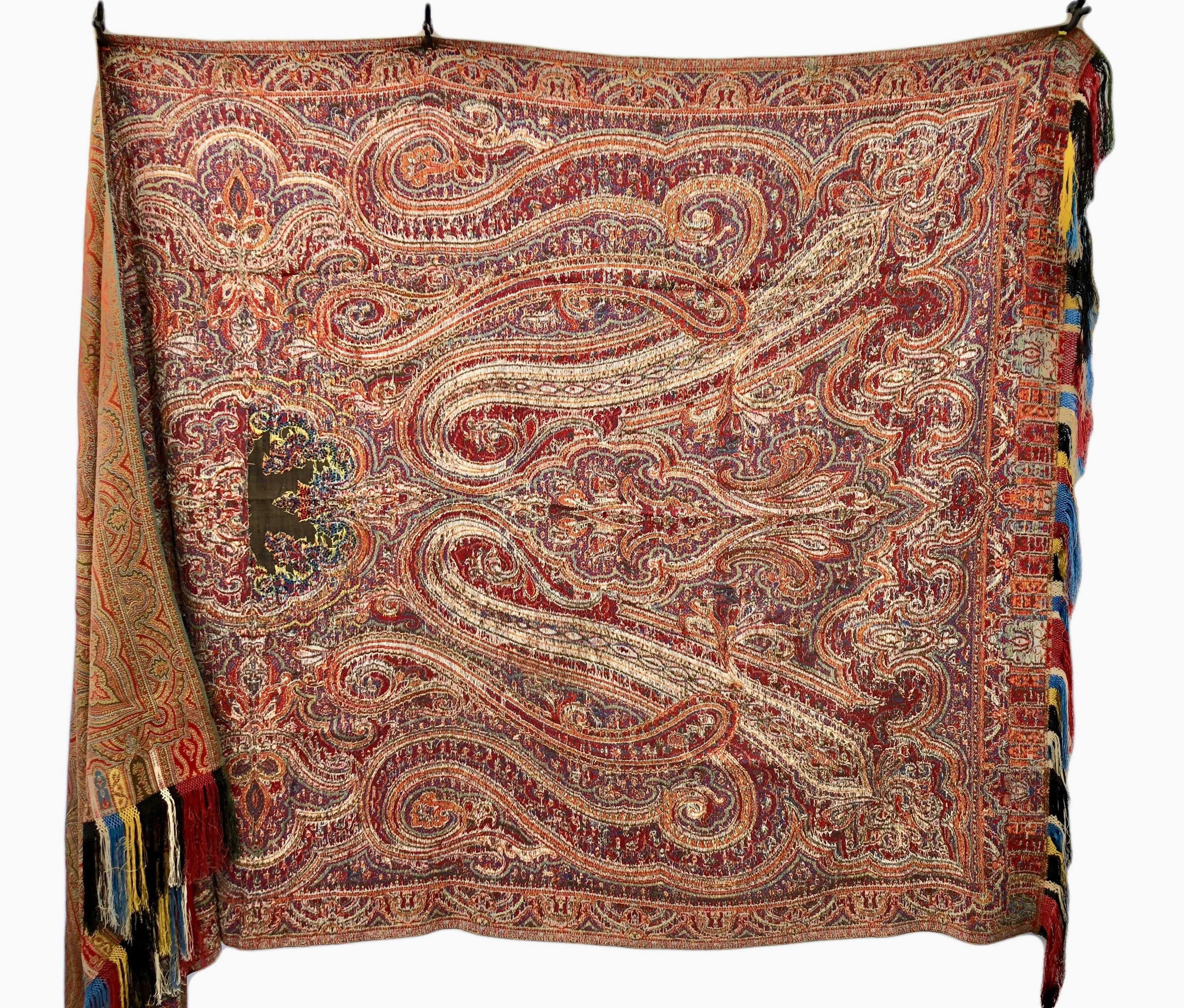 French Hand Woven Paisley Kashmir Shawl with Long Fringe, Napoleon III For Sale