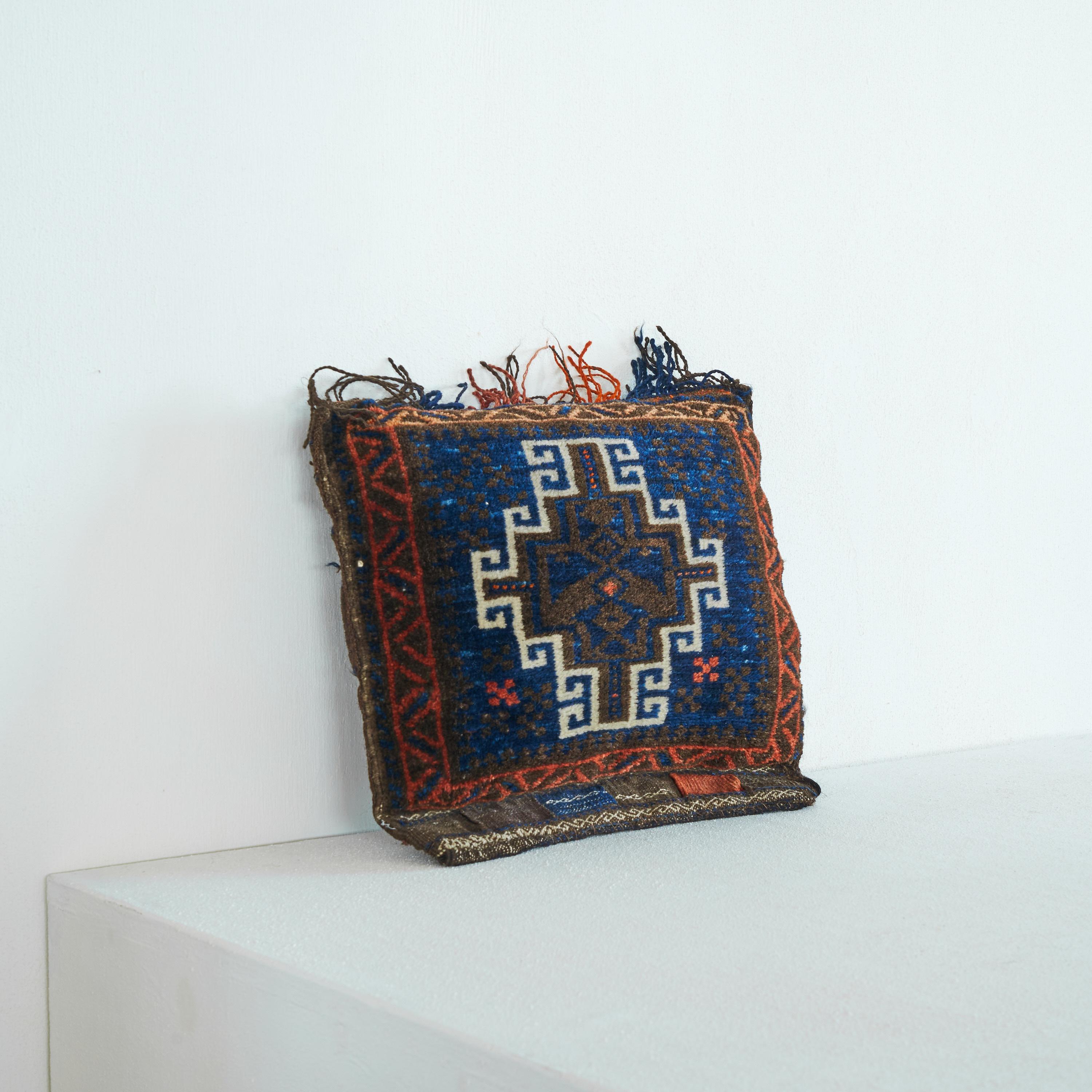 Mid-Century Modern Hand Woven Persian Pillow with Symmetrical Decor 1930s For Sale