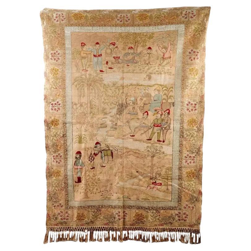 Hand Woven Pictorial Turkish Pure Silk Carpet For Sale