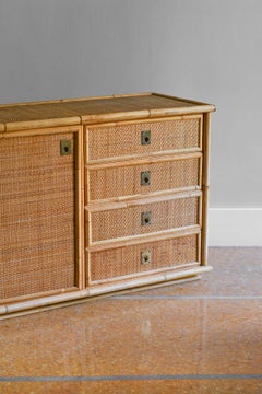 Credenza in rattan e bambù intrecciato a mano, 1970