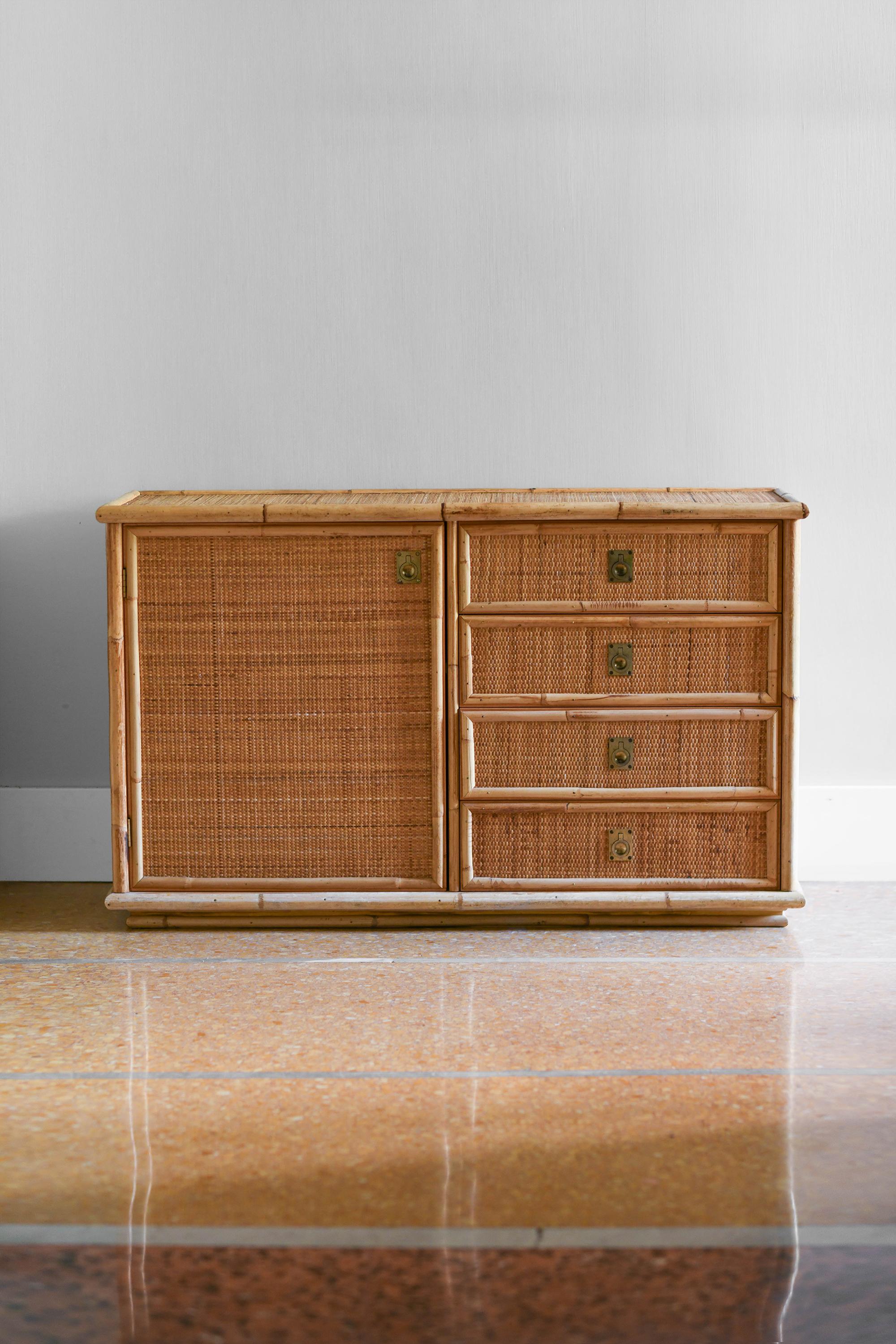 Hand-woven rattan and bamboo sideboard, 1970 For Sale 1