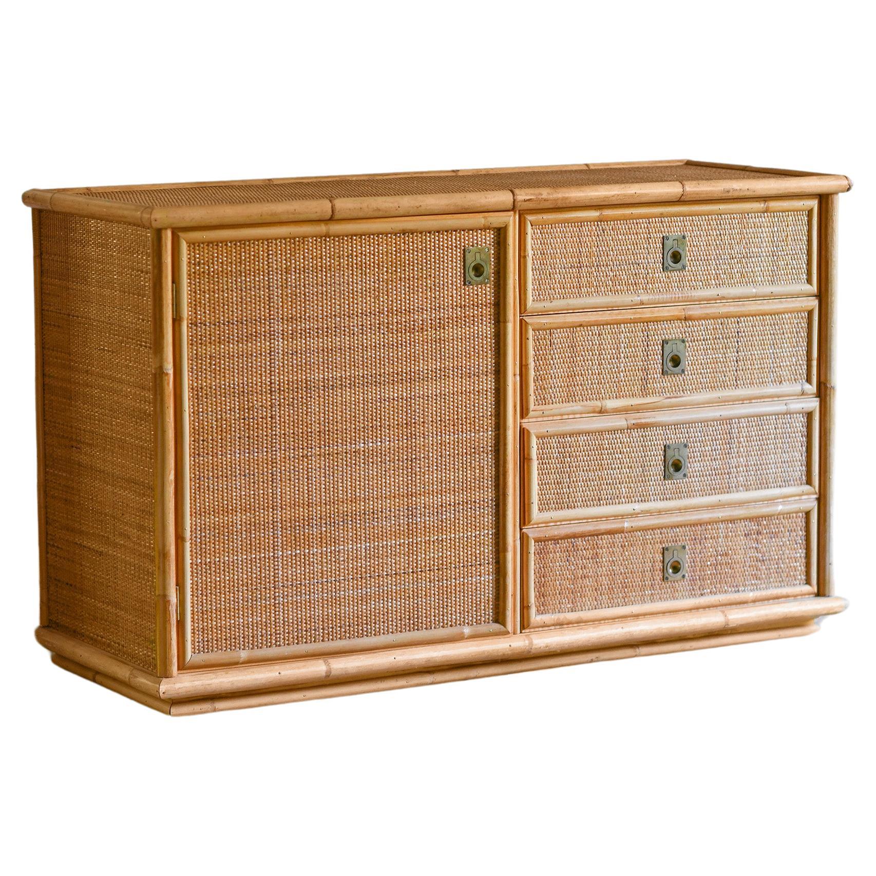 Hand-woven rattan and bamboo sideboard, 1970 For Sale