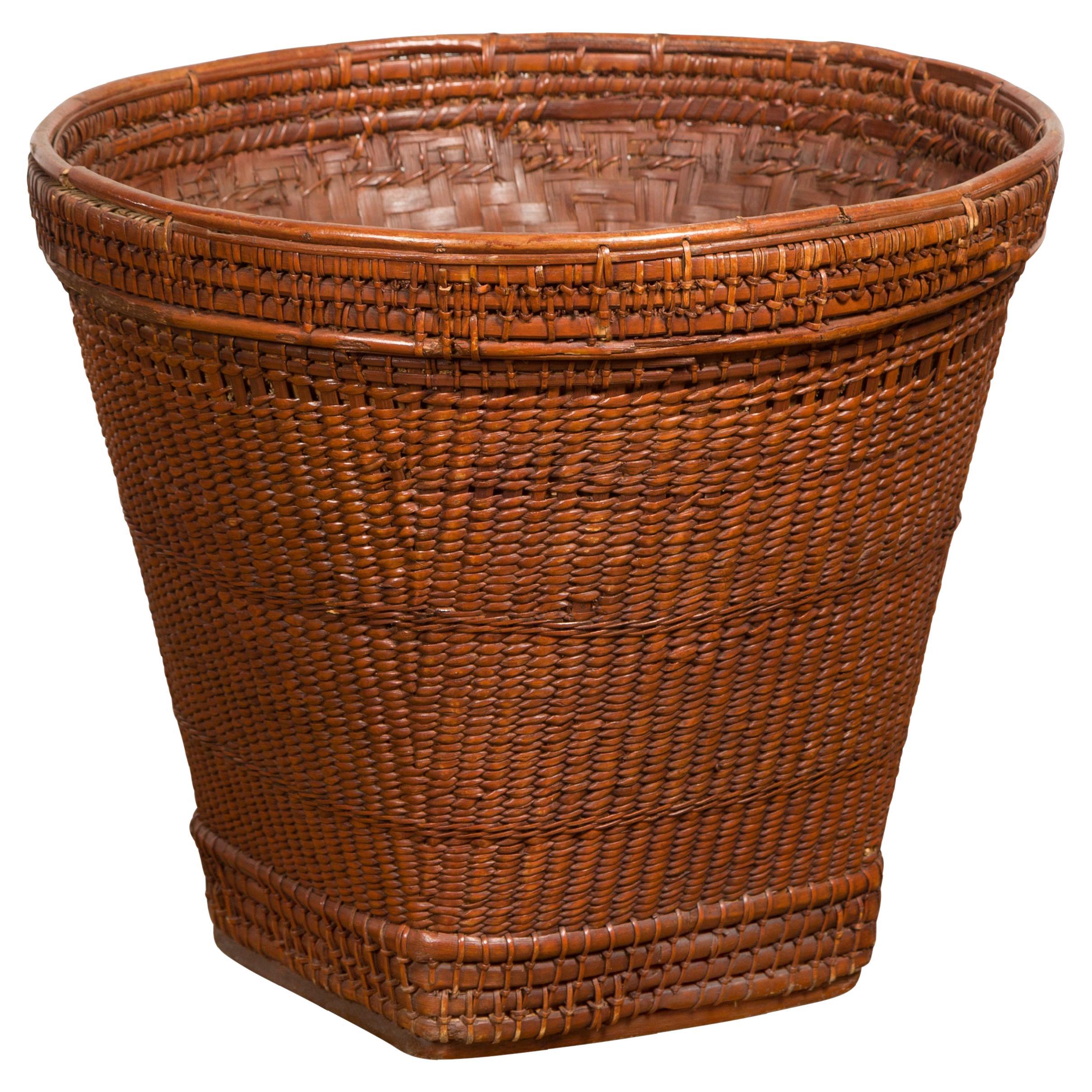 Hand Woven Rattan and Bamboo Thai 19th Century Grain Basket with Tapering Lines